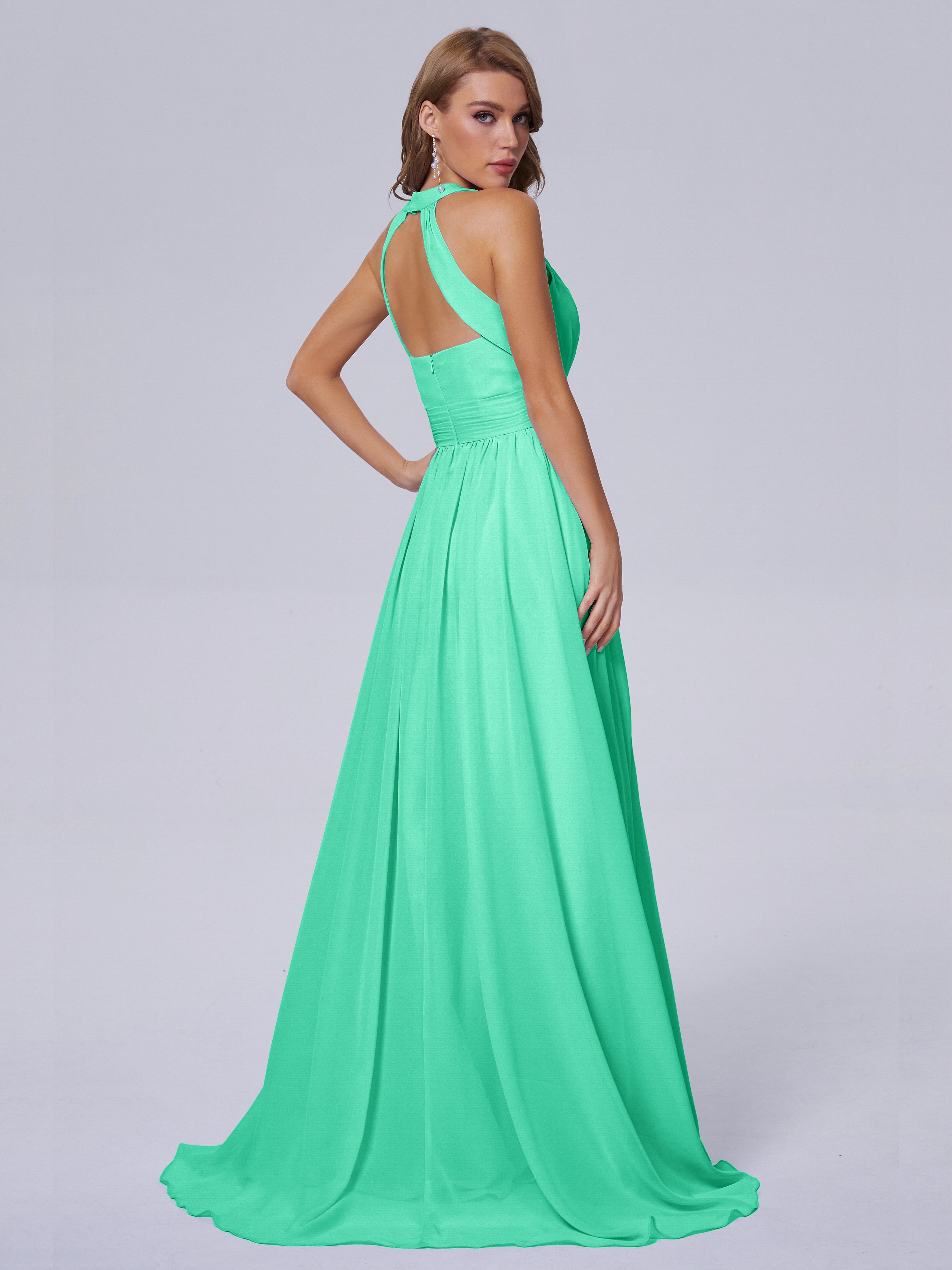 Robe Turquoise Demoiselle D Honneur Balayage Traîne Mousseline Robes Demoiselle D'Honneur