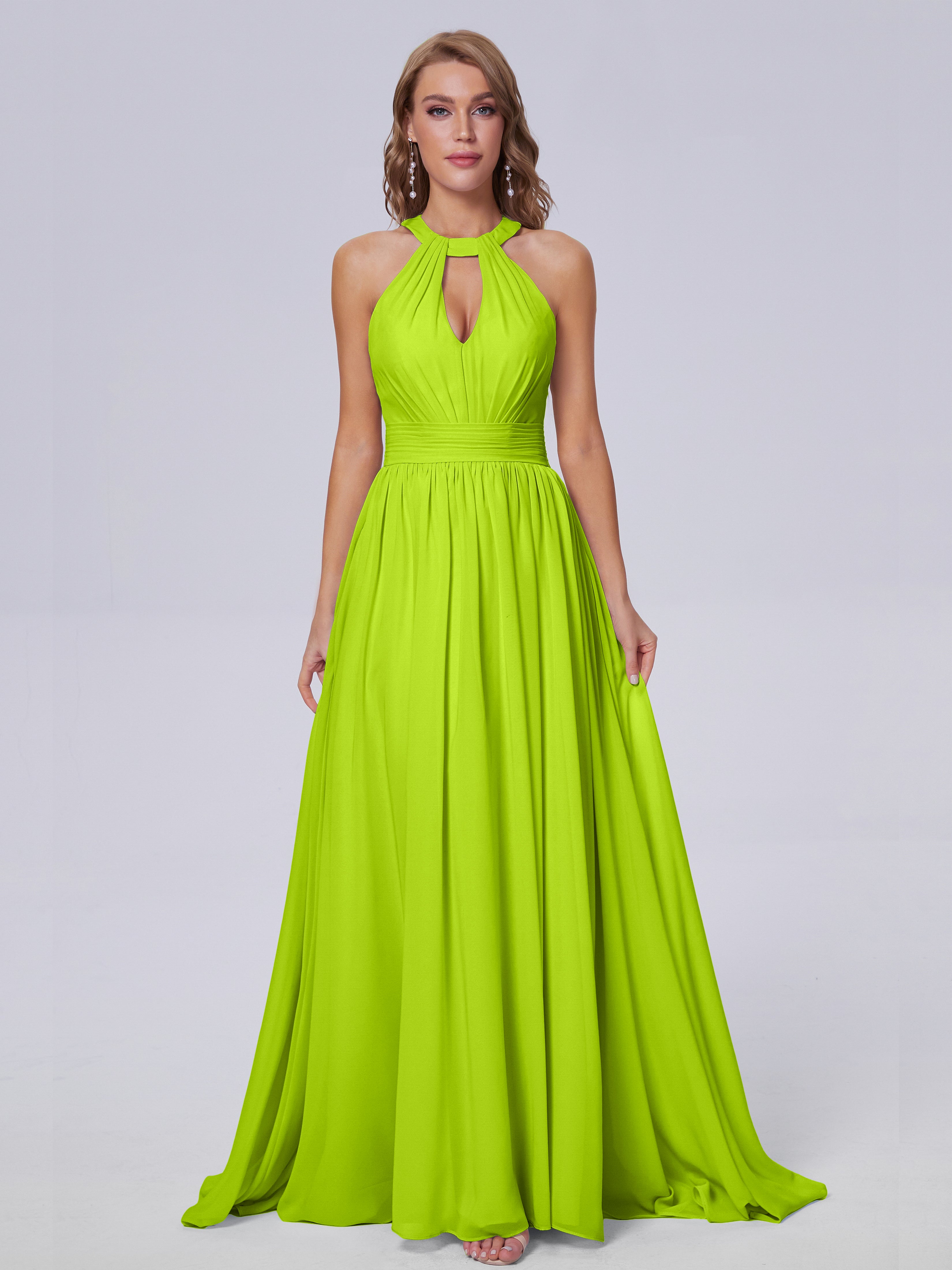 Robes De Demoiselle D'Honneur Vert Citron Balayage Traîne Mousseline Robes Demoiselle D'Honneur