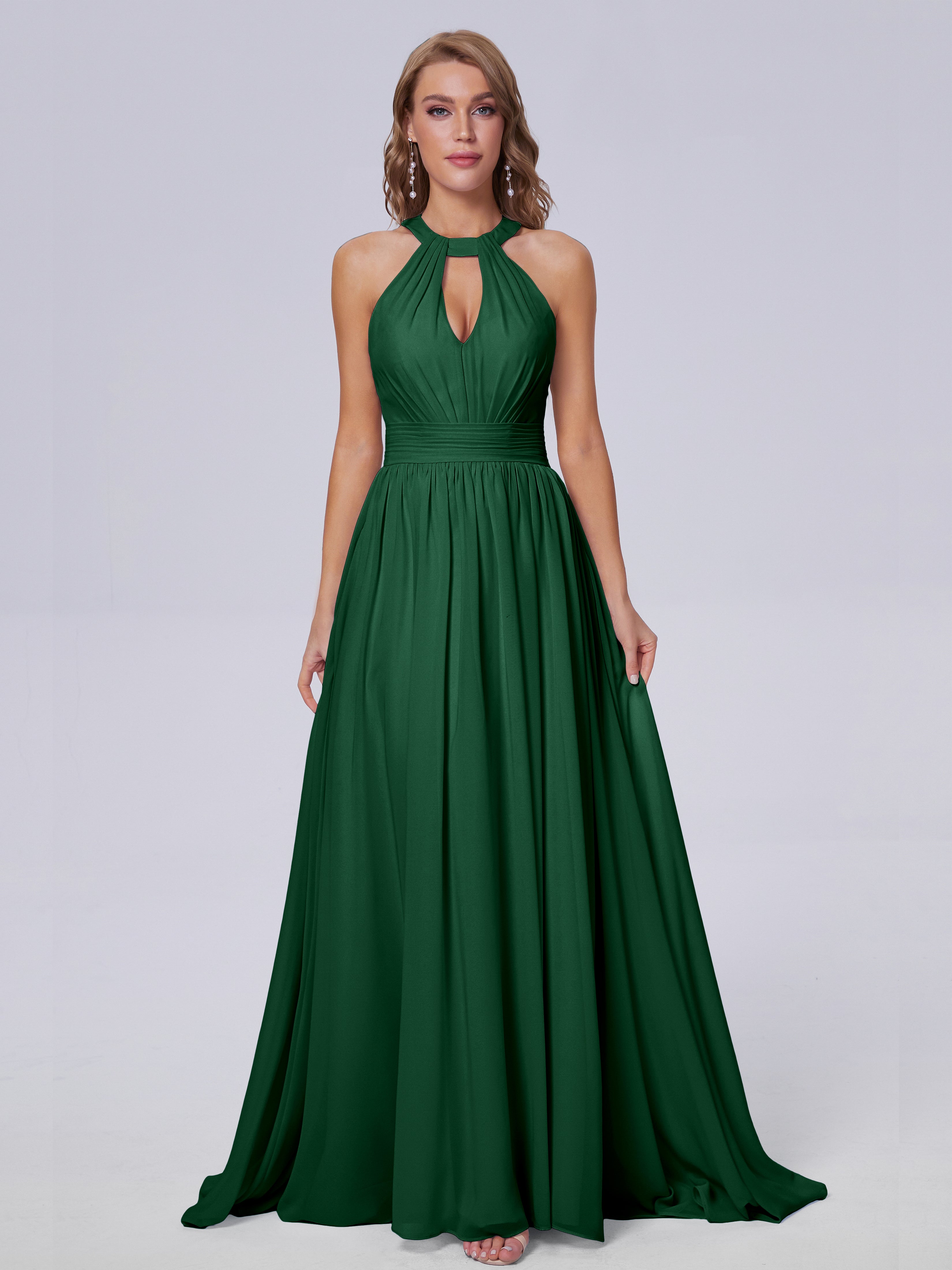 Robes De Demoiselle D'Honneur Vert Foncé Balayage Traîne Mousseline Robes Demoiselle D'Honneur