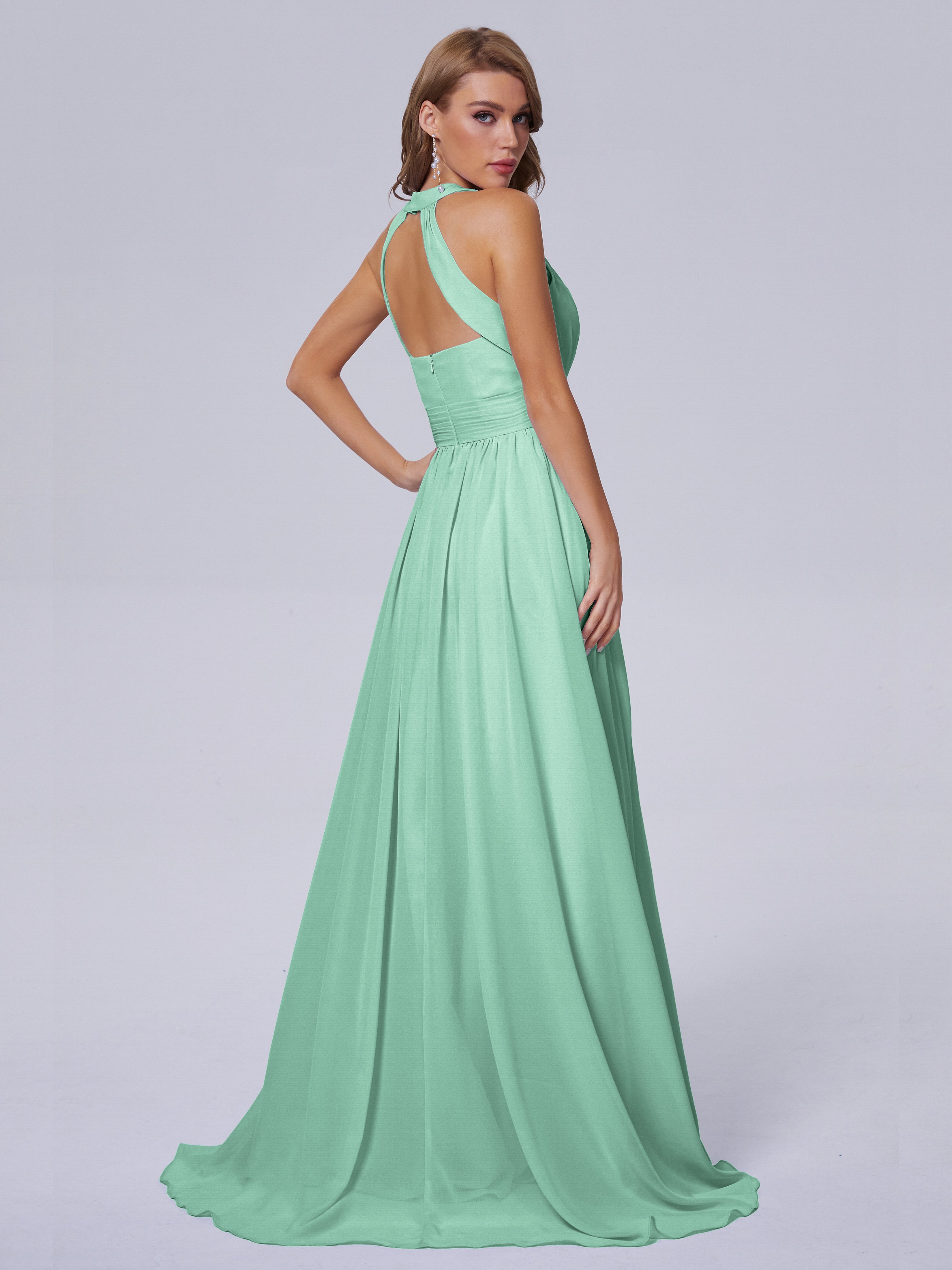 Robe Demoiselle D Honneur Vert Menthe Balayage Traîne Mousseline Robes Demoiselle D'Honneur