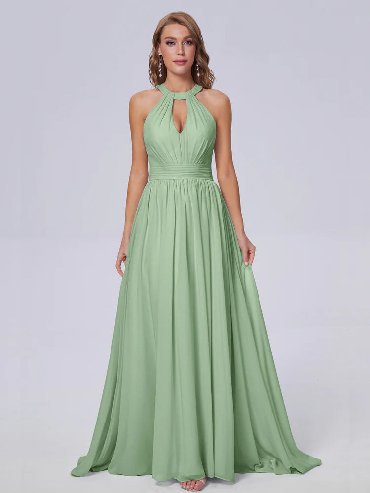 Demoiselle D'Honneur De Sauge Poussiéreuse Balayage Traîne Mousseline Robes Demoiselle D'Honneur