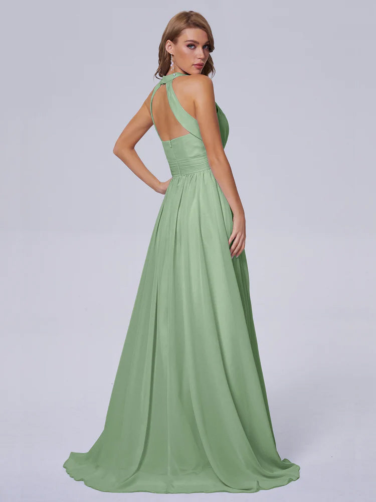 Demoiselle D'Honneur De Sauge Poussiéreuse Balayage Traîne Mousseline Robes Demoiselle D'Honneur