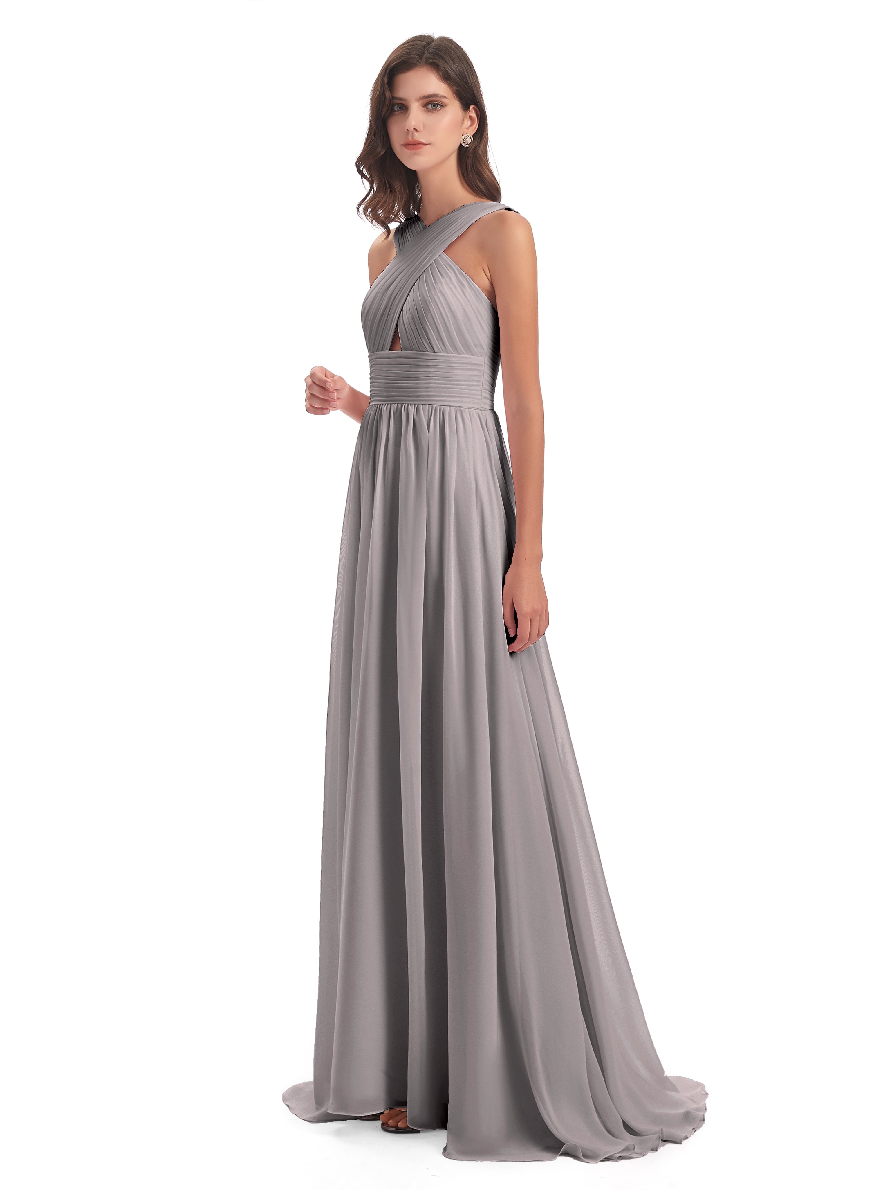 Robe Demoiselle D Honneur Argent Balayage/Pinceau Traîne Bretelle Mousseline Robes Demoiselle D'Honneur