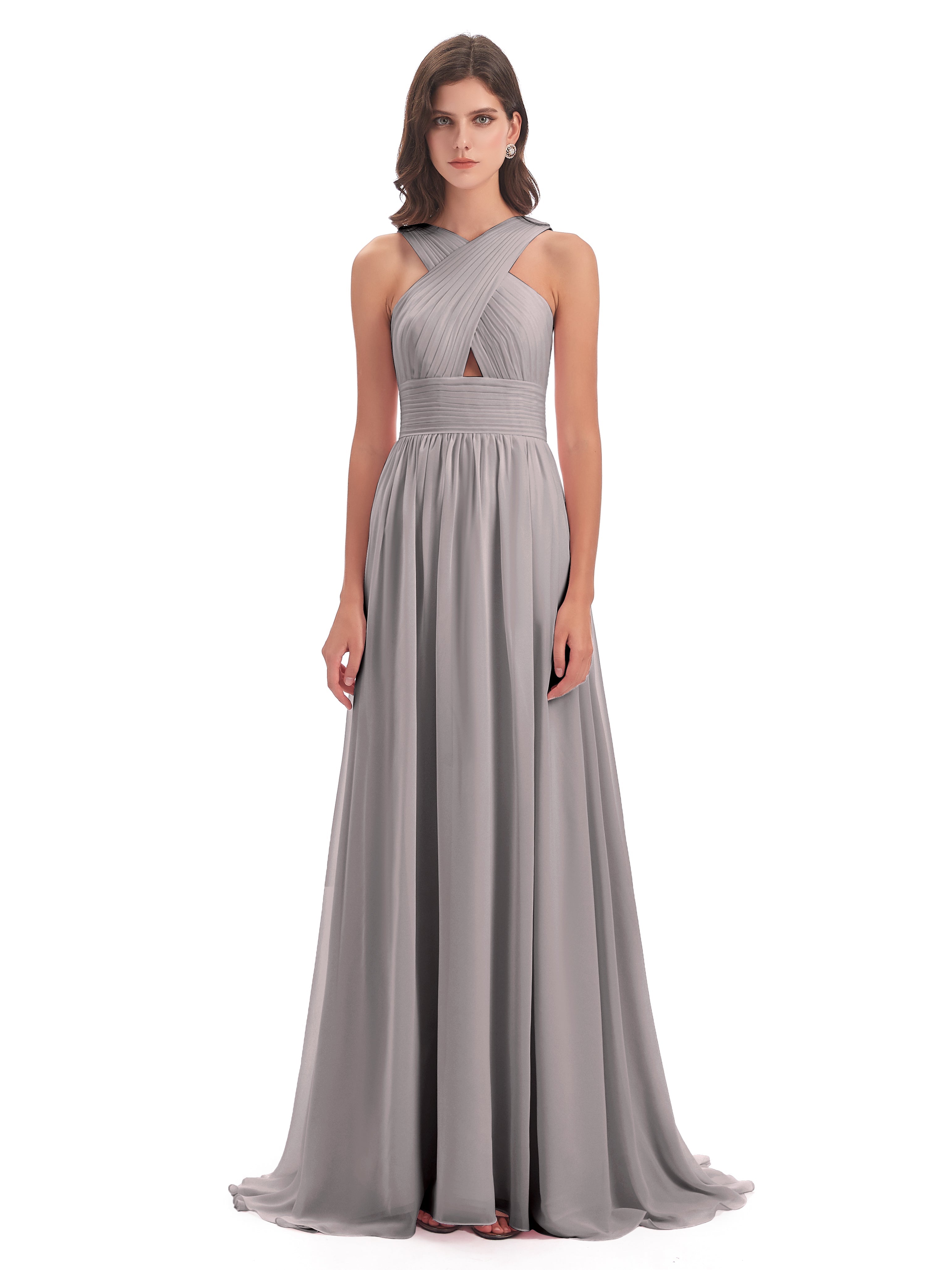 Robe Demoiselle D Honneur Argent Balayage/Pinceau Traîne Bretelle Mousseline Robes Demoiselle D'Honneur