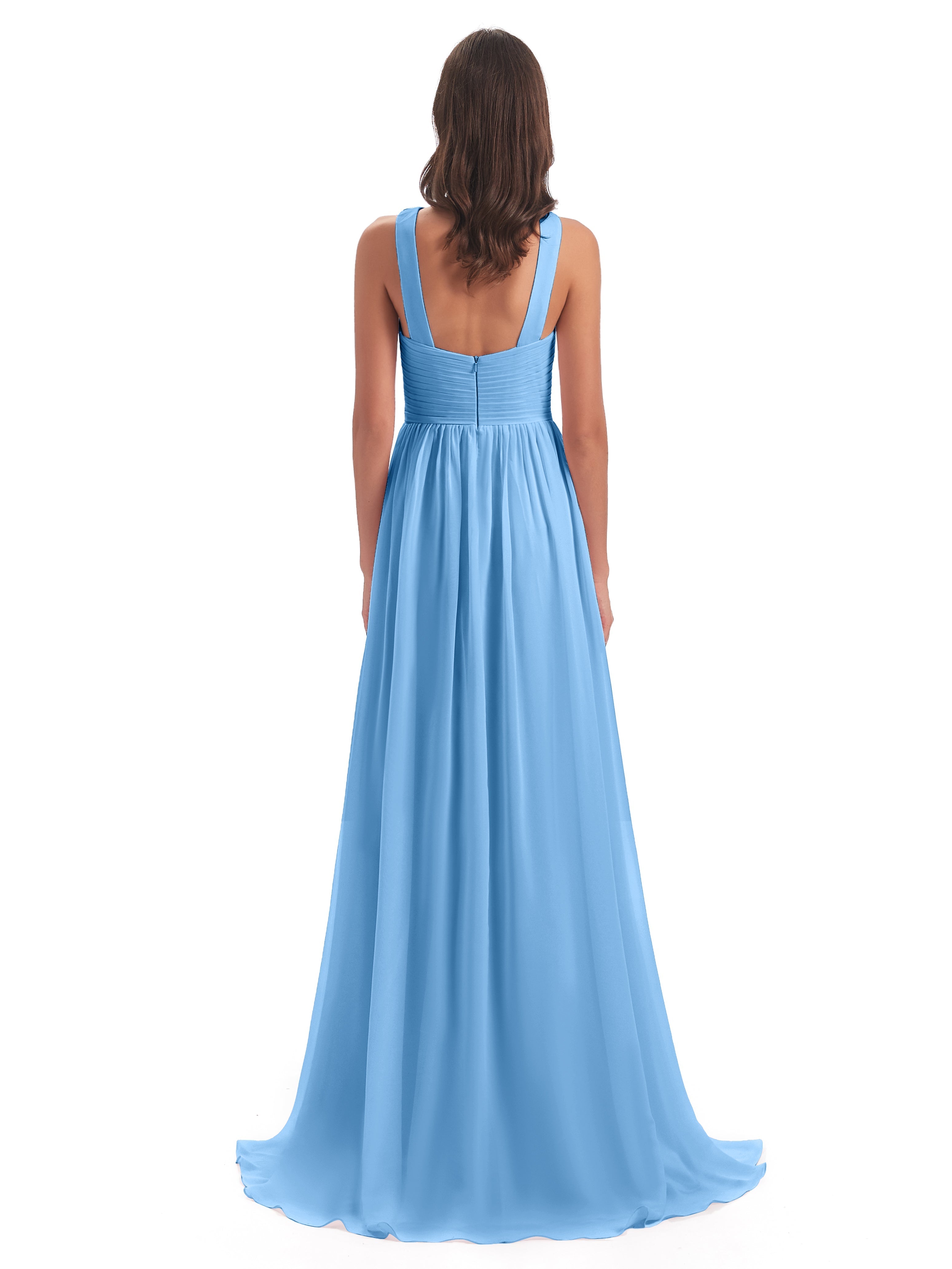 Robe Bleu Demoiselle D Honneur Balayage/Pinceau Traîne Bretelle Mousseline Robes Demoiselle D'Honneur