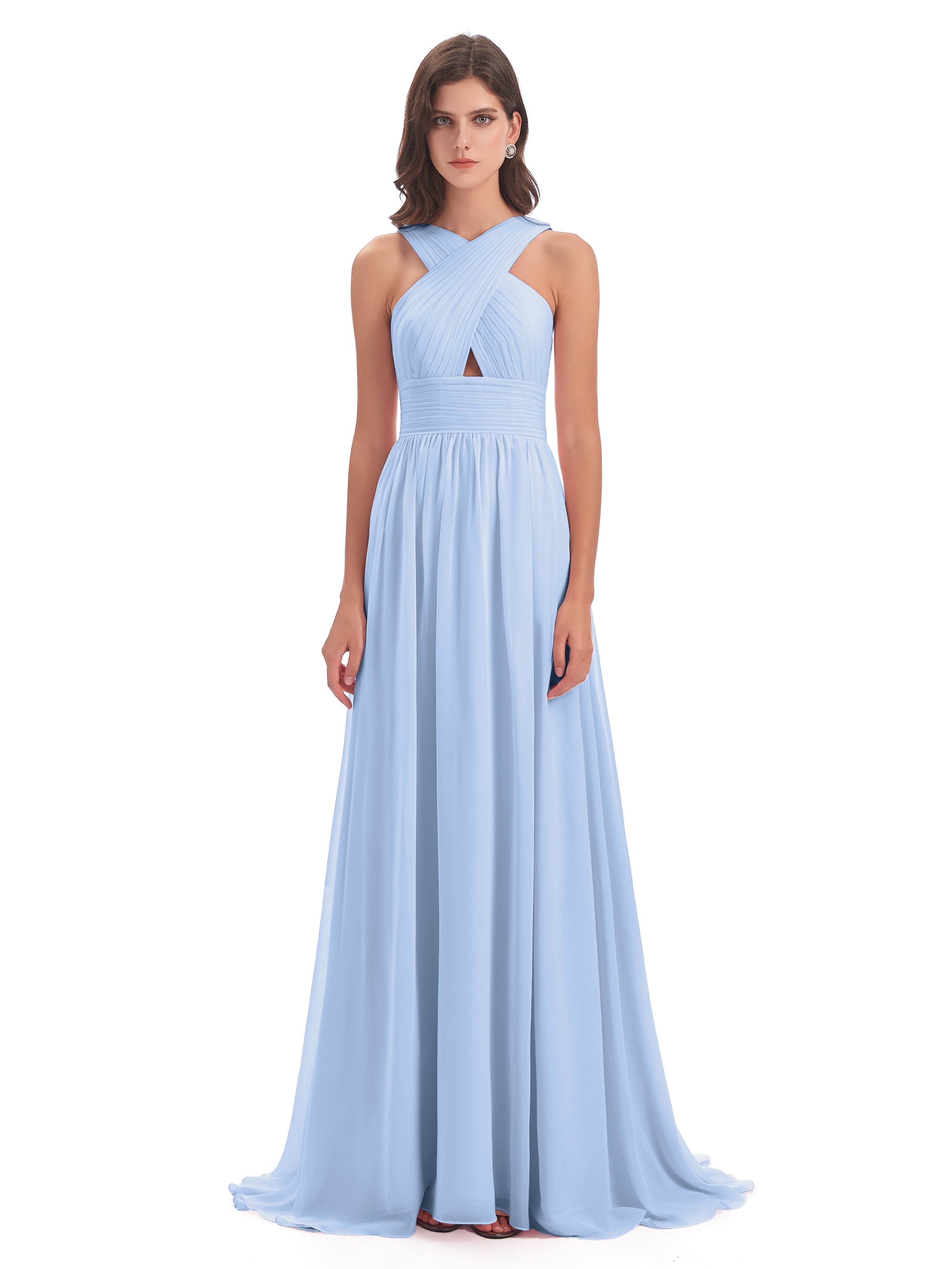 Robe Bleu Ciel Demoiselle D Honneur Balayage/Pinceau Traîne Bretelle Mousseline Robes Demoiselle D'Honneur