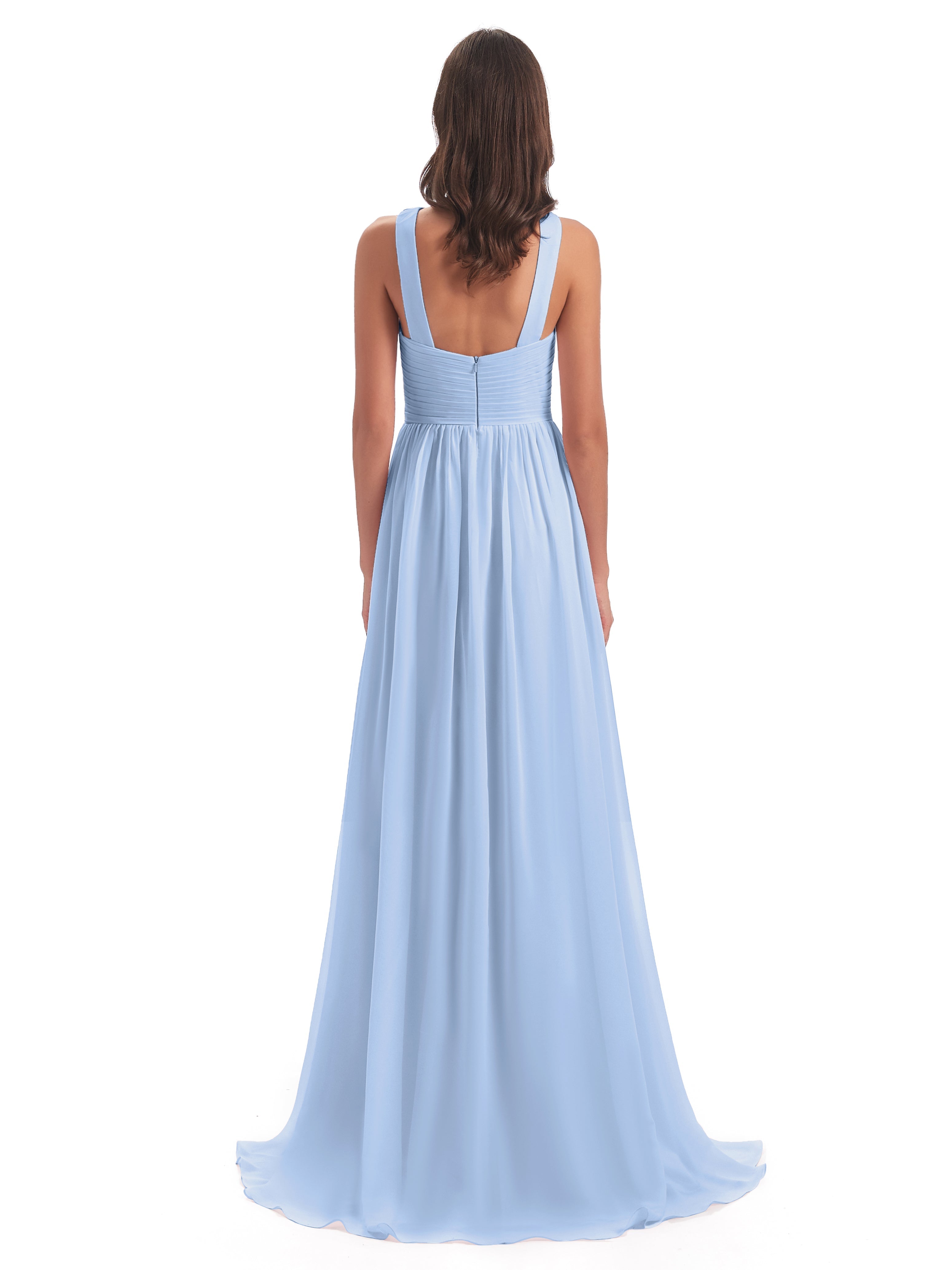 Robe Bleu Ciel Demoiselle D Honneur Balayage/Pinceau Traîne Bretelle Mousseline Robes Demoiselle D'Honneur