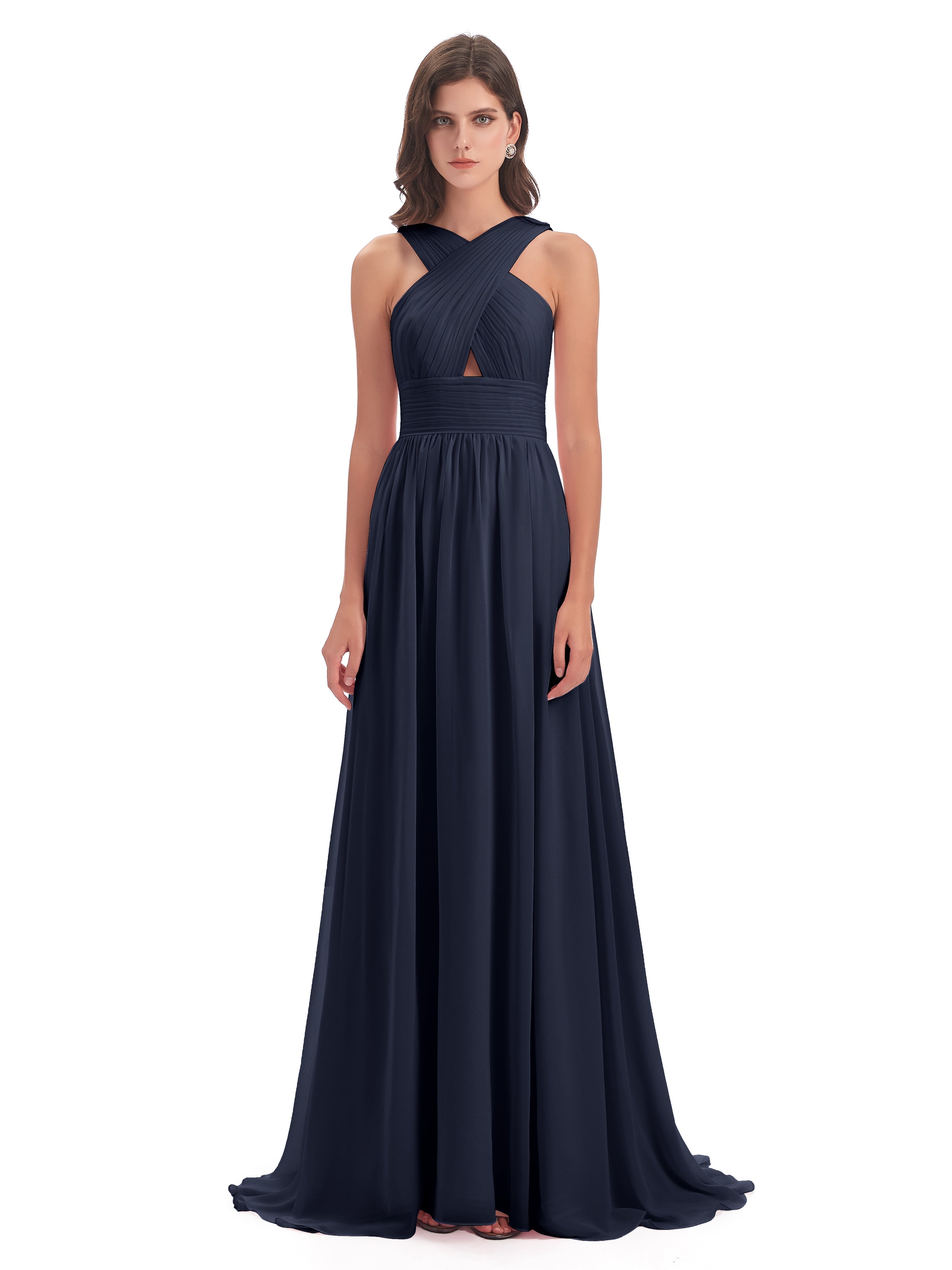Robes De Demoiselle D'Honneur Bleu Marine Balayage/Pinceau Traîne Bretelle Mousseline Robes Demoiselle D'Honneur