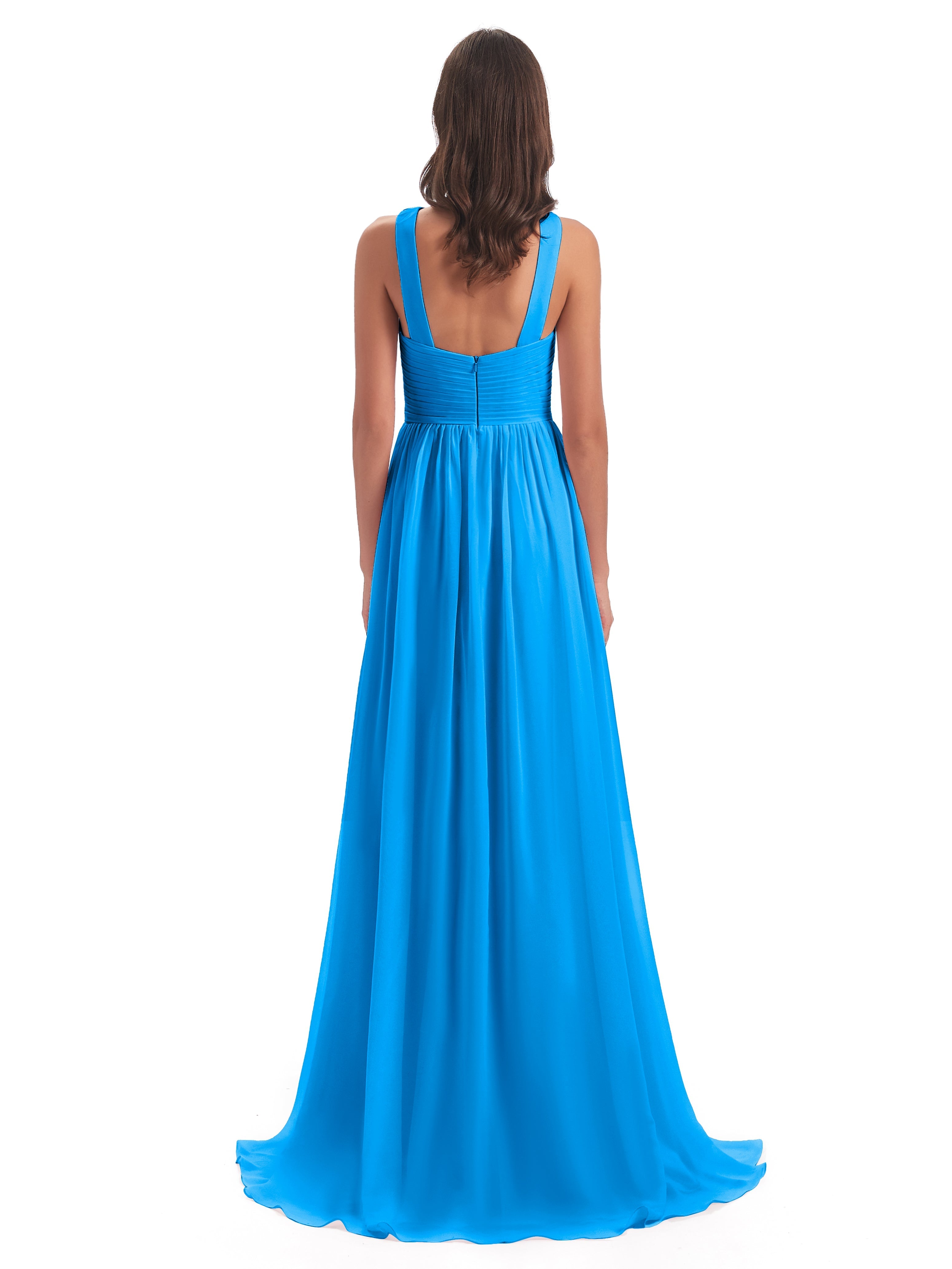 Robes De Demoiselle D'Honneur Bleu Océan Balayage/Pinceau Traîne Bretelle Mousseline Robes Demoiselle D'Honneur