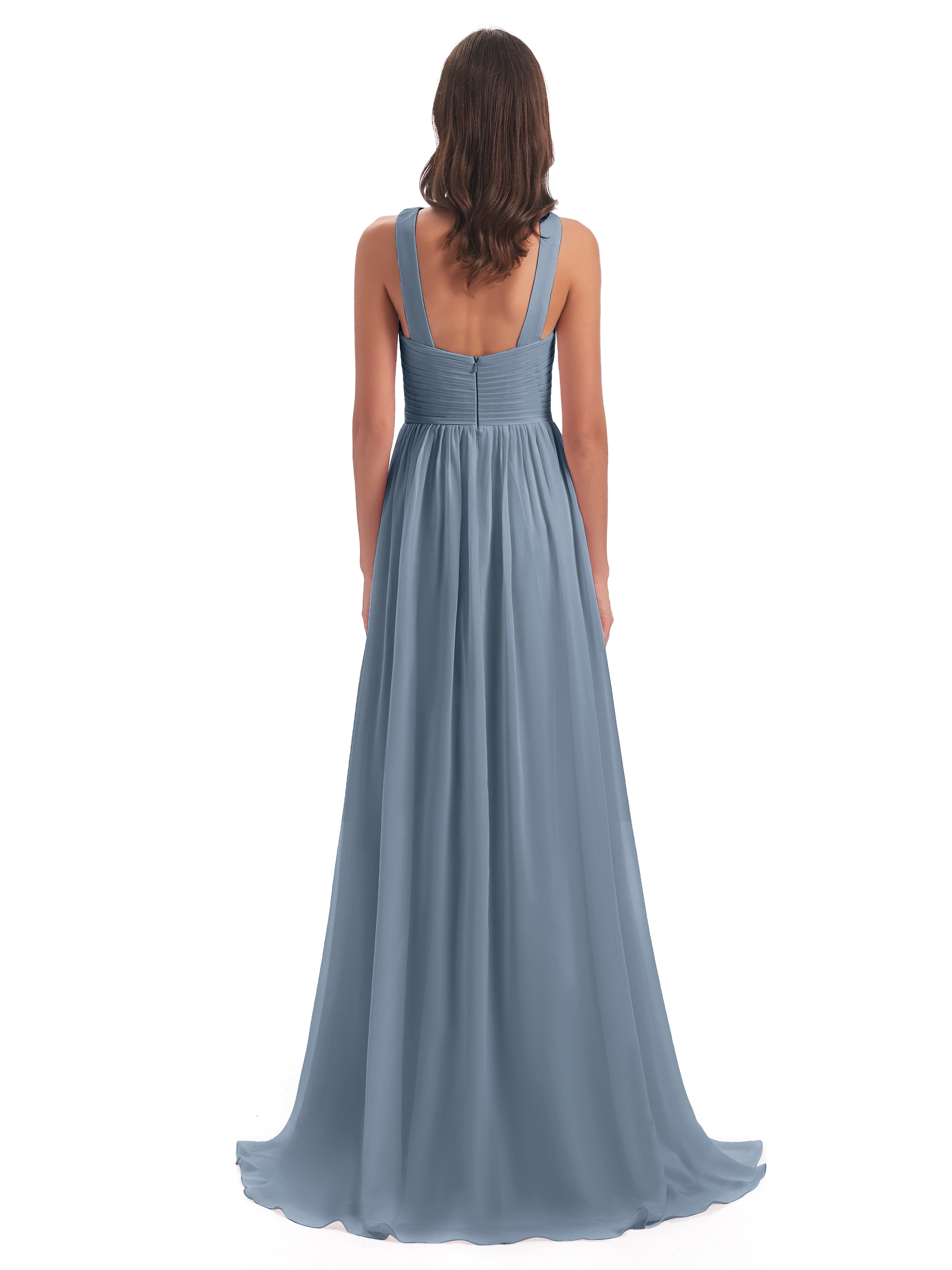 Robes De Demoiselle D'Honneur Bleu Gris Balayage/Pinceau Traîne Bretelle Mousseline Robes Demoiselle D'Honneur