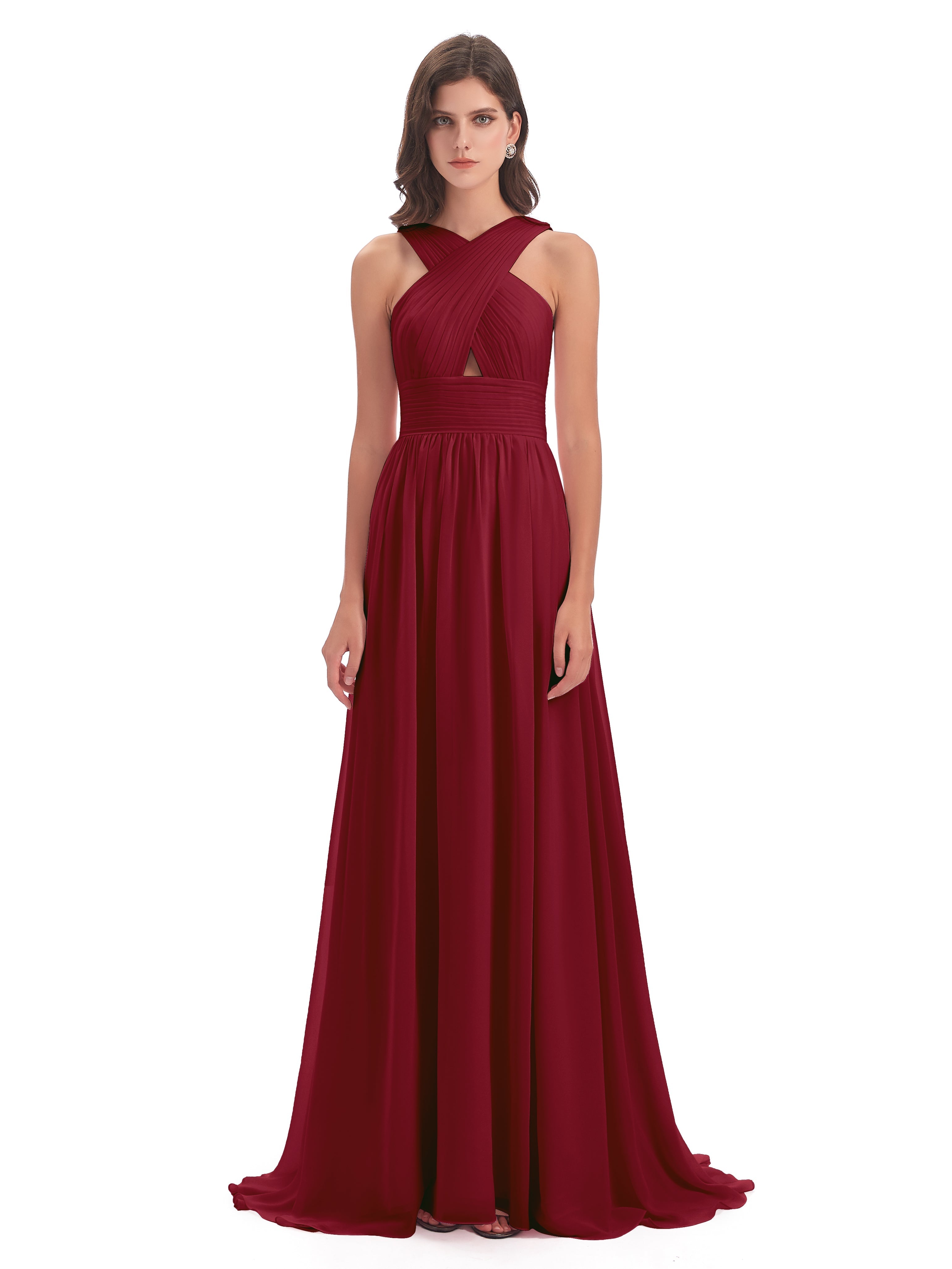 Modestes Robes De Demoiselle D'Honneur Bordeaux Balayage/Pinceau Traîne Bretelle Mousseline Robes Demoiselle D'Honneur