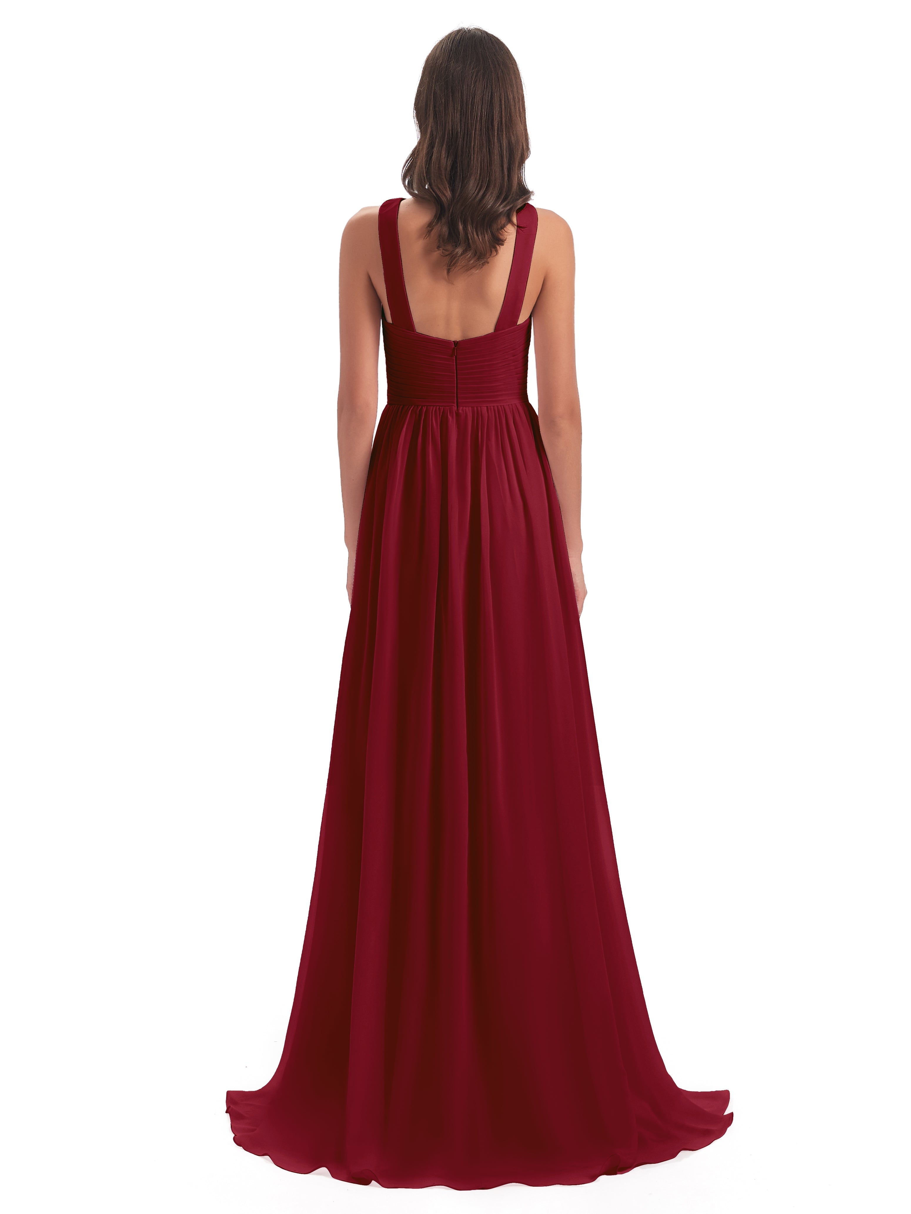 Modestes Robes De Demoiselle D'Honneur Bordeaux Balayage/Pinceau Traîne Bretelle Mousseline Robes Demoiselle D'Honneur