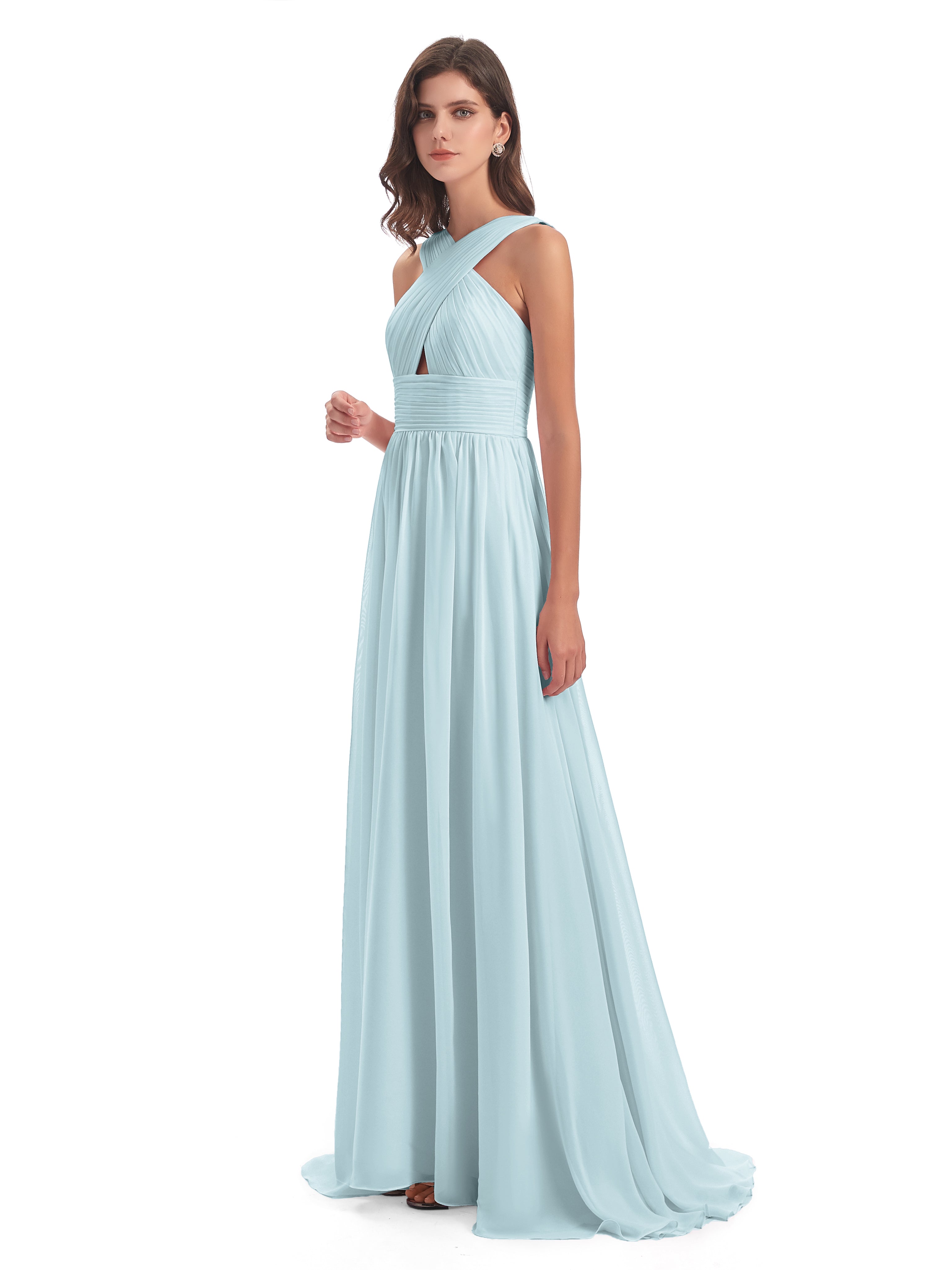 Robe Bleu Ciel Demoiselle D Honneur Balayage/Pinceau Traîne Bretelle Mousseline Robes Demoiselle D'Honneur