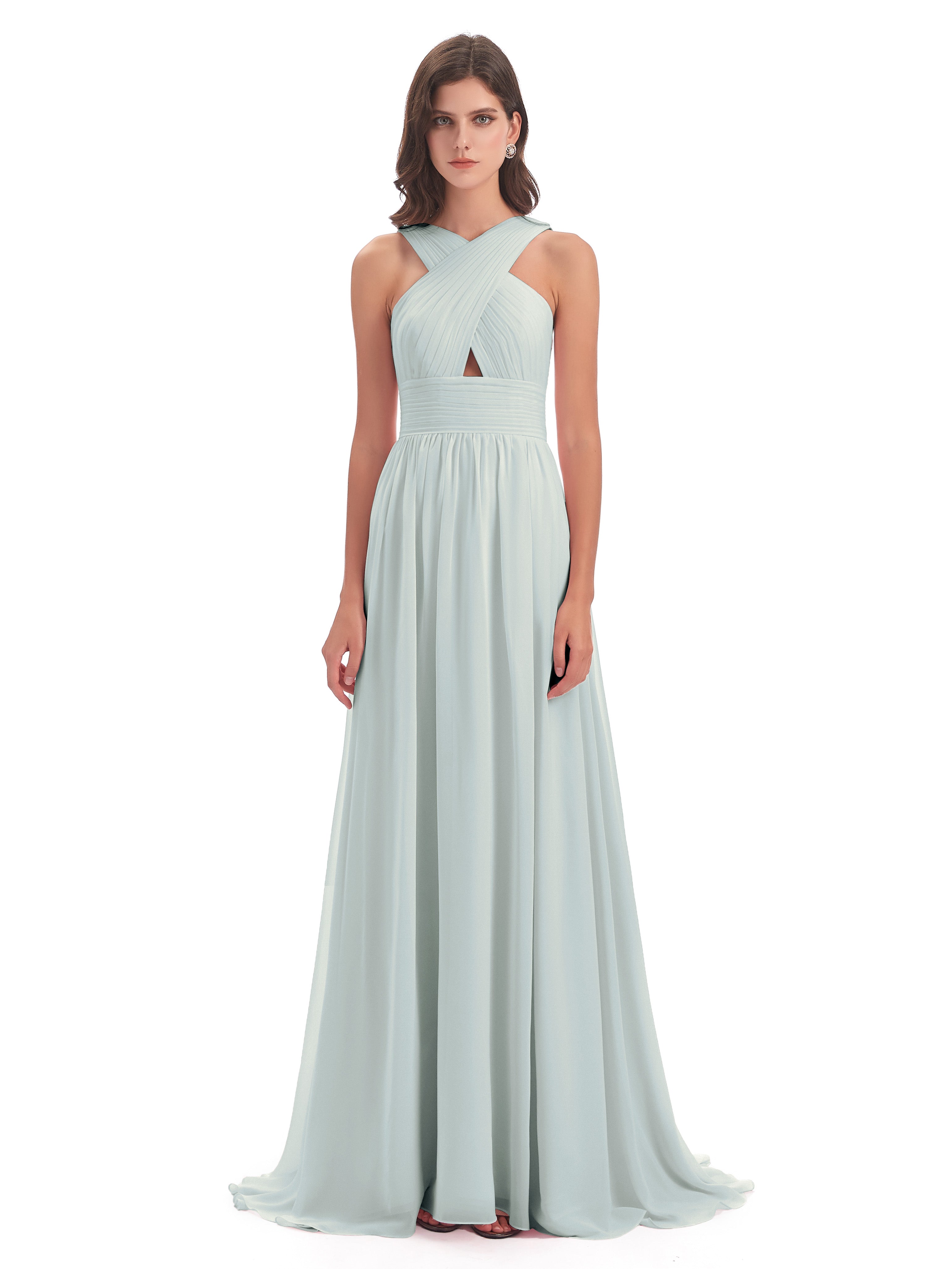 Robe Demoiselle D Honneur Celadon Balayage/Pinceau Traîne Bretelle Mousseline Robes Demoiselle D'Honneur