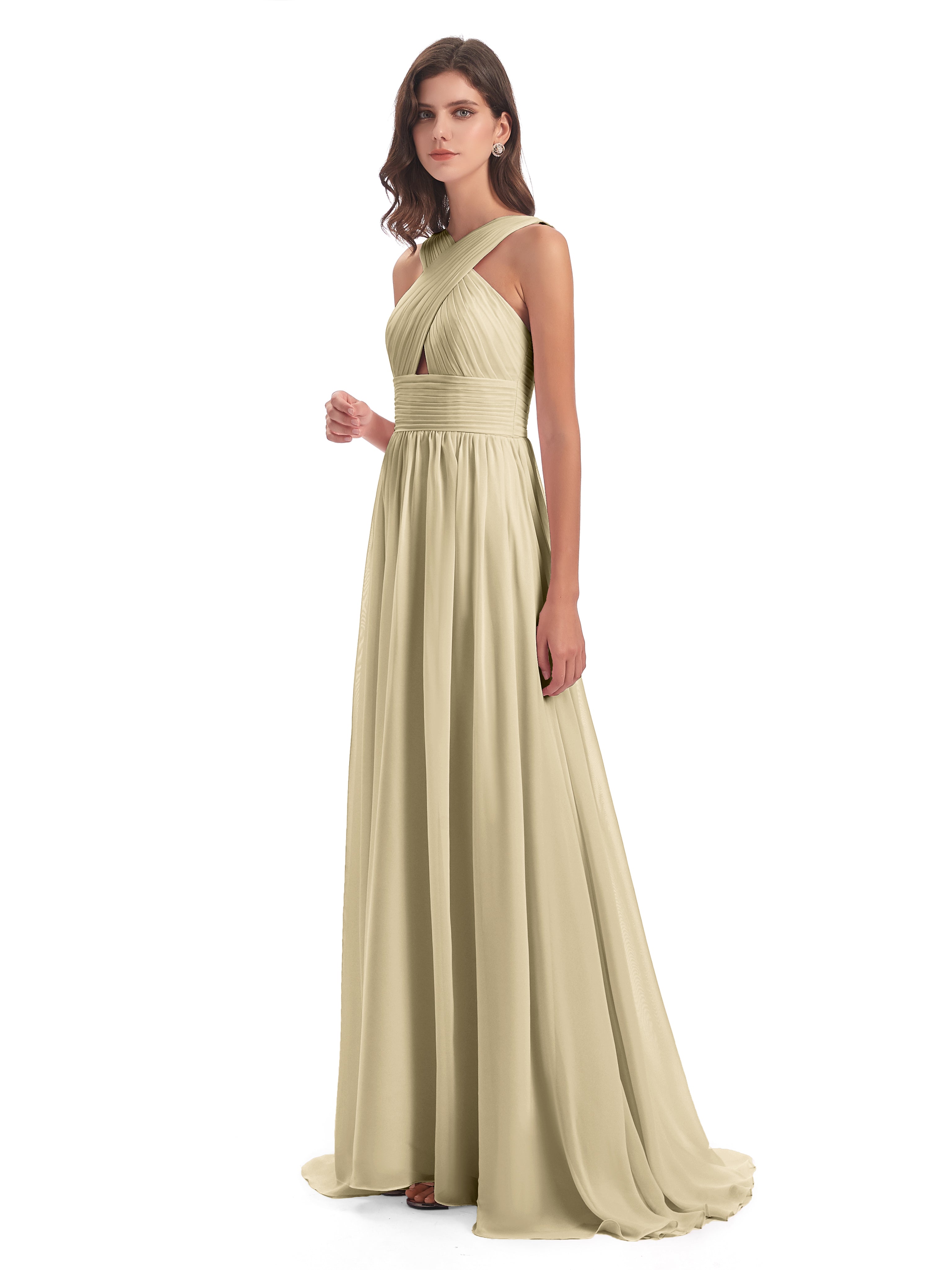 Robe Champagne Demoiselle D Honneur Balayage/Pinceau Traîne Bretelle Mousseline Robes Demoiselle D'Honneur