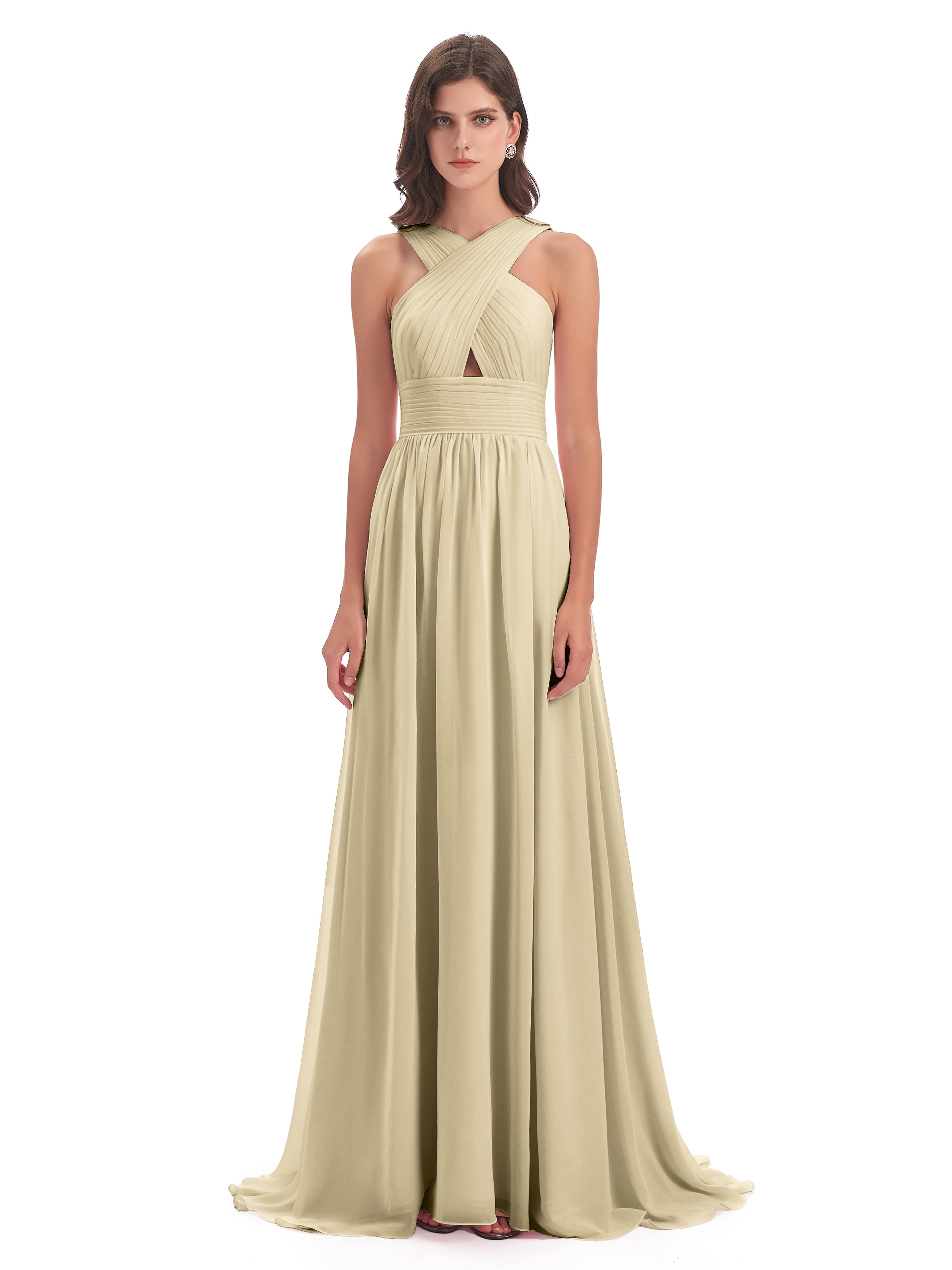 Robe Champagne Demoiselle D Honneur Balayage/Pinceau Traîne Bretelle Mousseline Robes Demoiselle D'Honneur