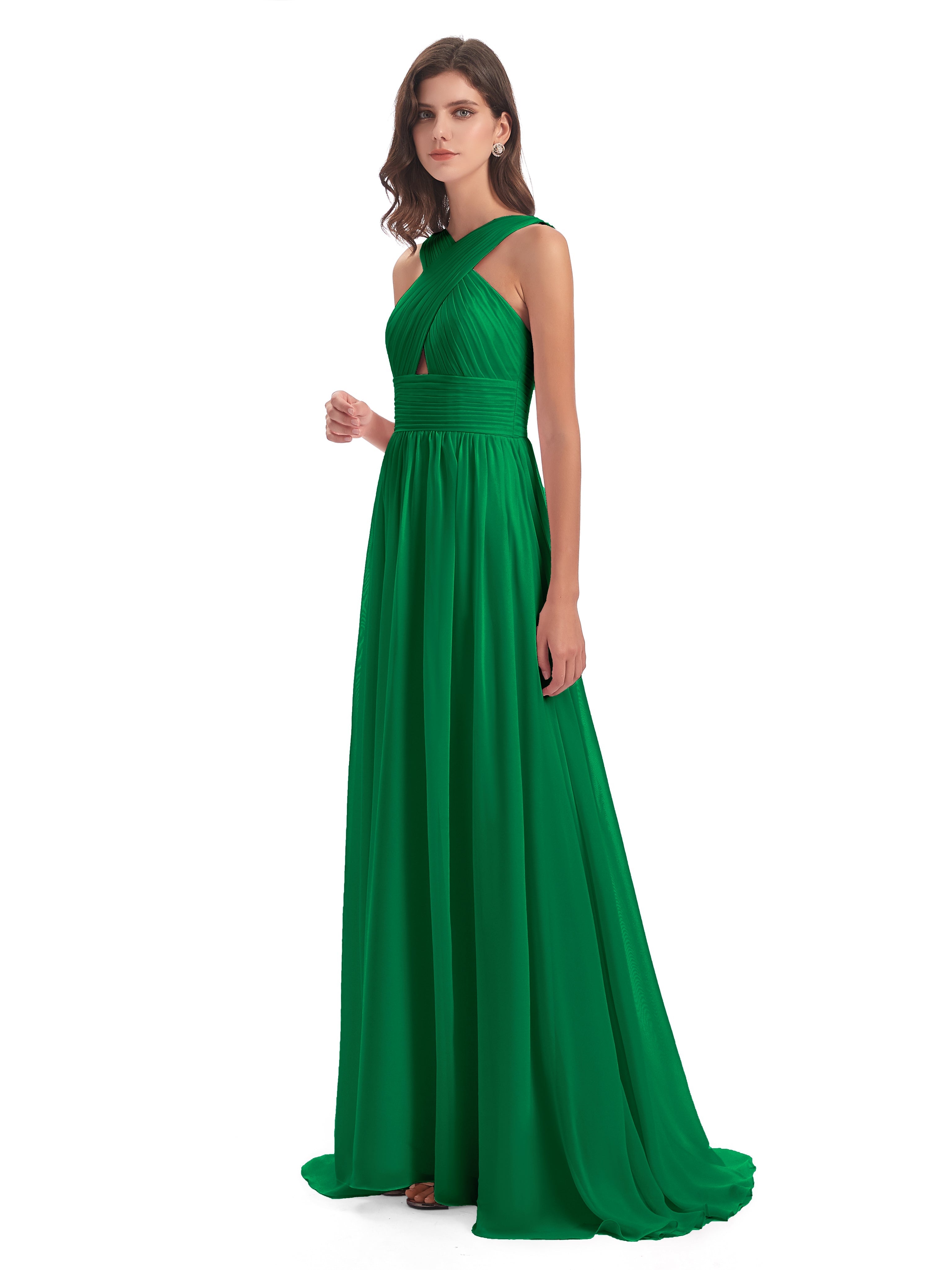 Robe Demoiselle D Honneur Vert Emeraude Balayage/Pinceau Traîne Bretelle Mousseline Robes Demoiselle D'Honneur