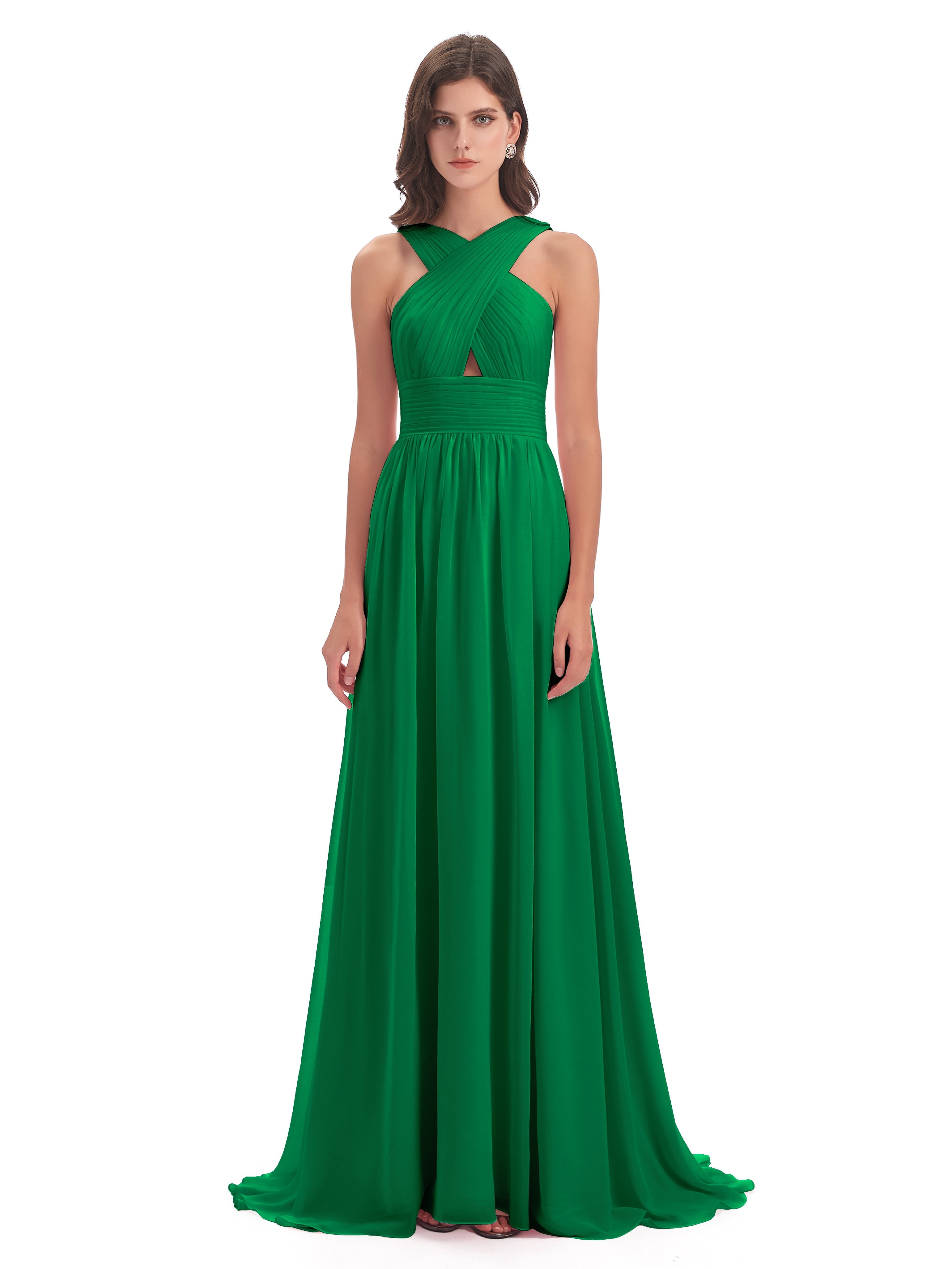 Robe Demoiselle D Honneur Vert Emeraude Balayage/Pinceau Traîne Bretelle Mousseline Robes Demoiselle D'Honneur