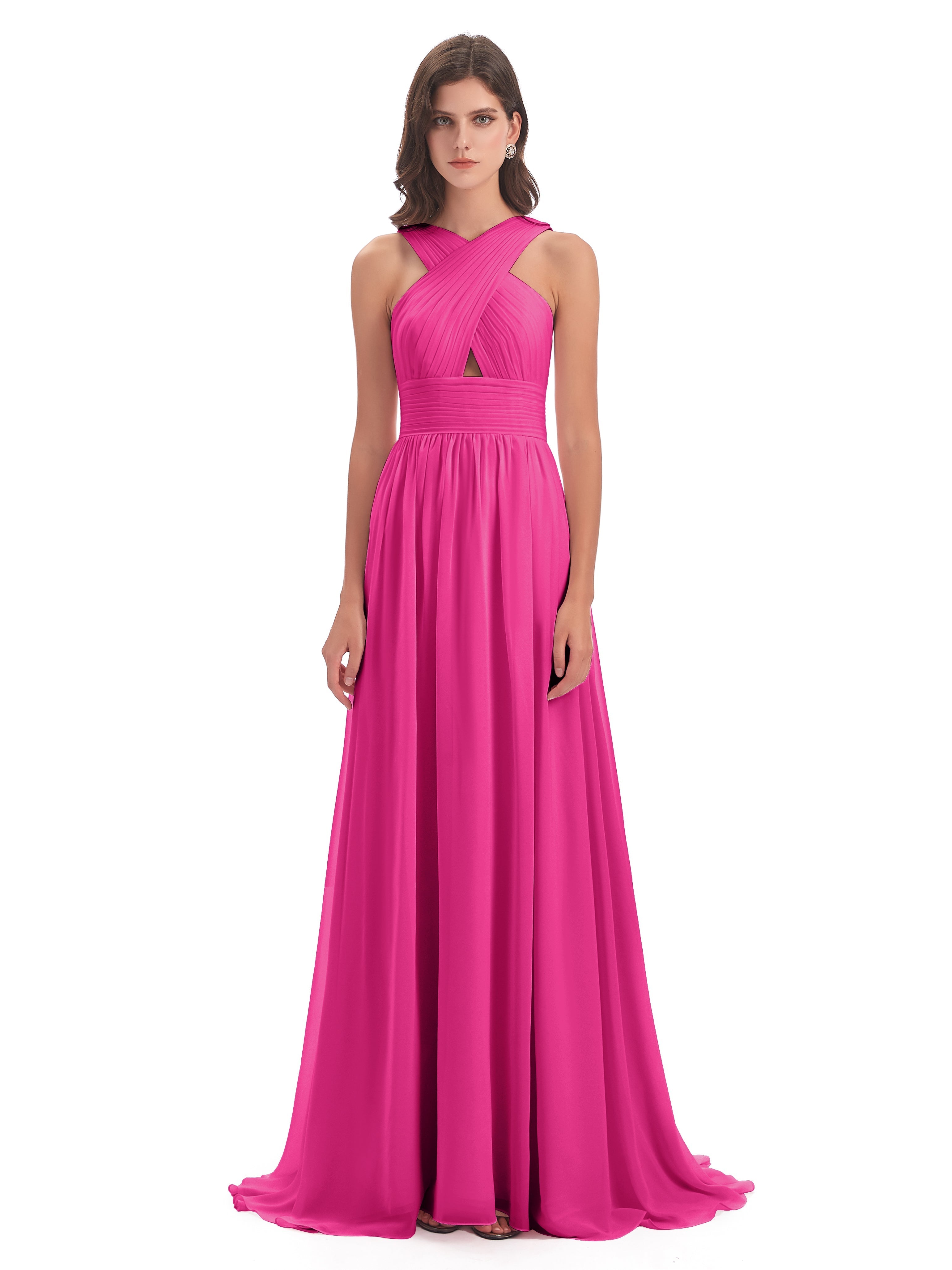 Robes De Demoiselle D'Honneur Couleur Rose Fuchsia Balayage/Pinceau Traîne Bretelle Mousseline Robes Demoiselle D'Honneur