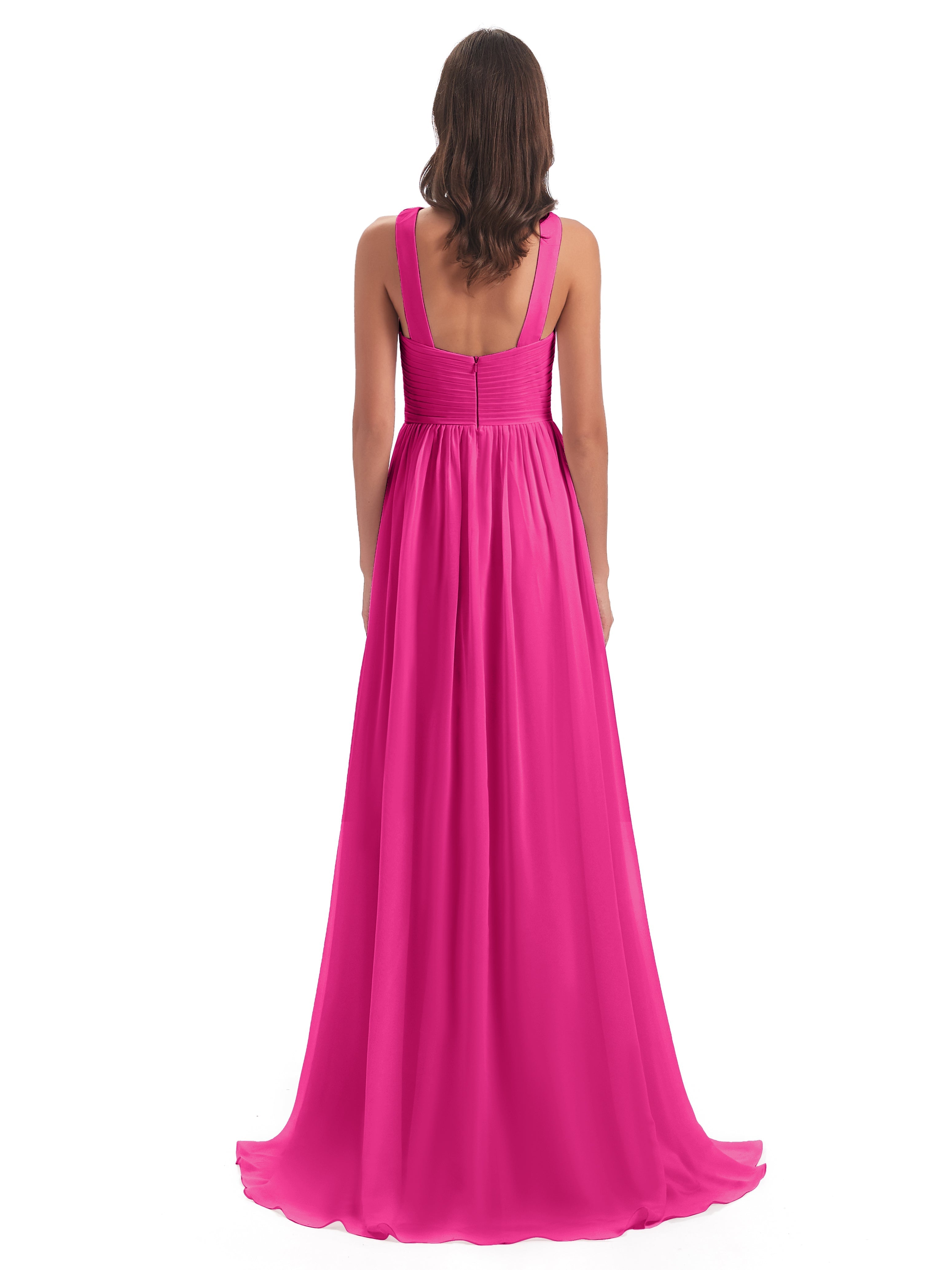 Robes De Demoiselle D'Honneur Couleur Rose Fuchsia Balayage/Pinceau Traîne Bretelle Mousseline Robes Demoiselle D'Honneur