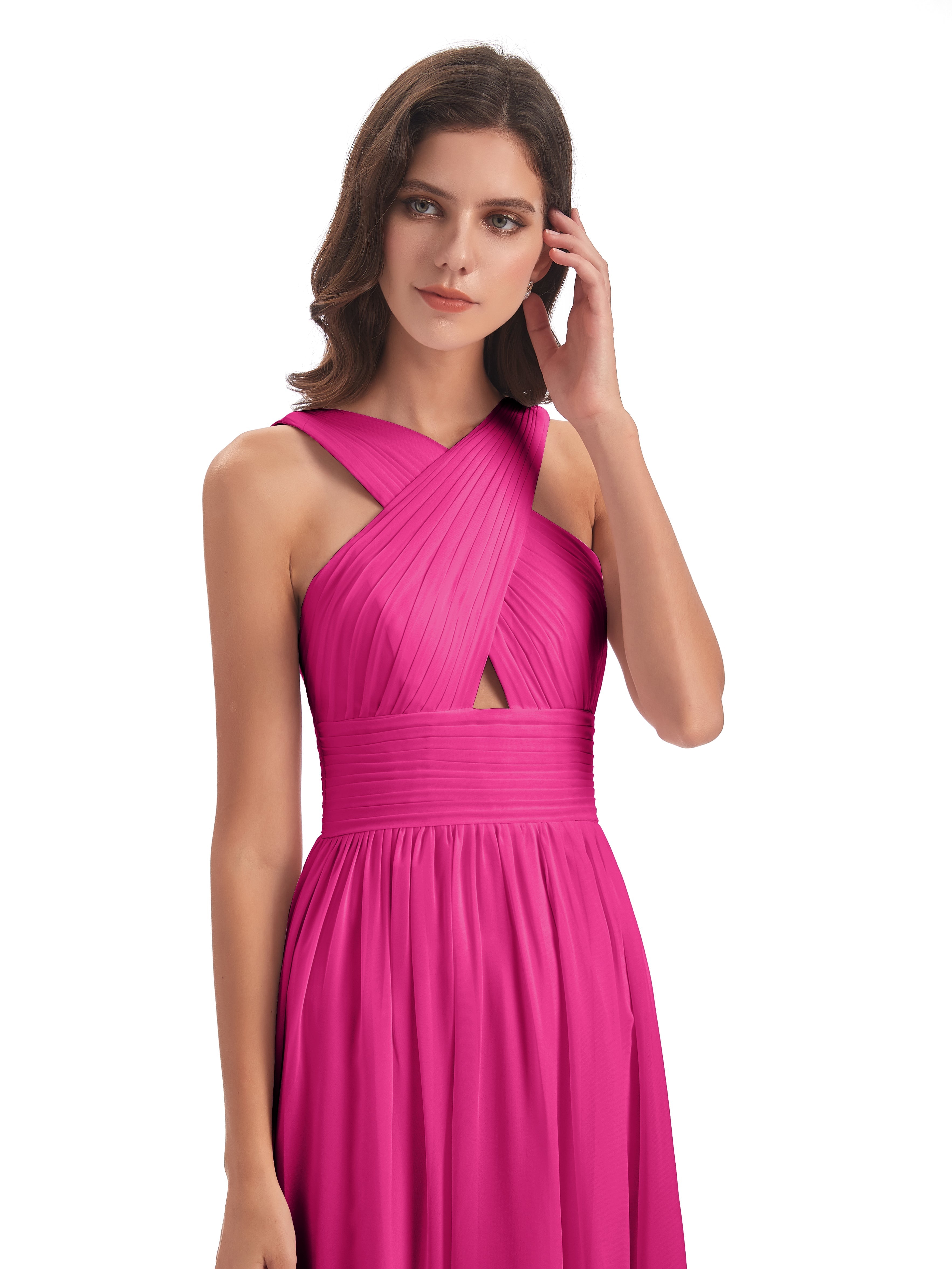 Robes De Demoiselle D'Honneur Couleur Rose Fuchsia Balayage/Pinceau Traîne Bretelle Mousseline Robes Demoiselle D'Honneur