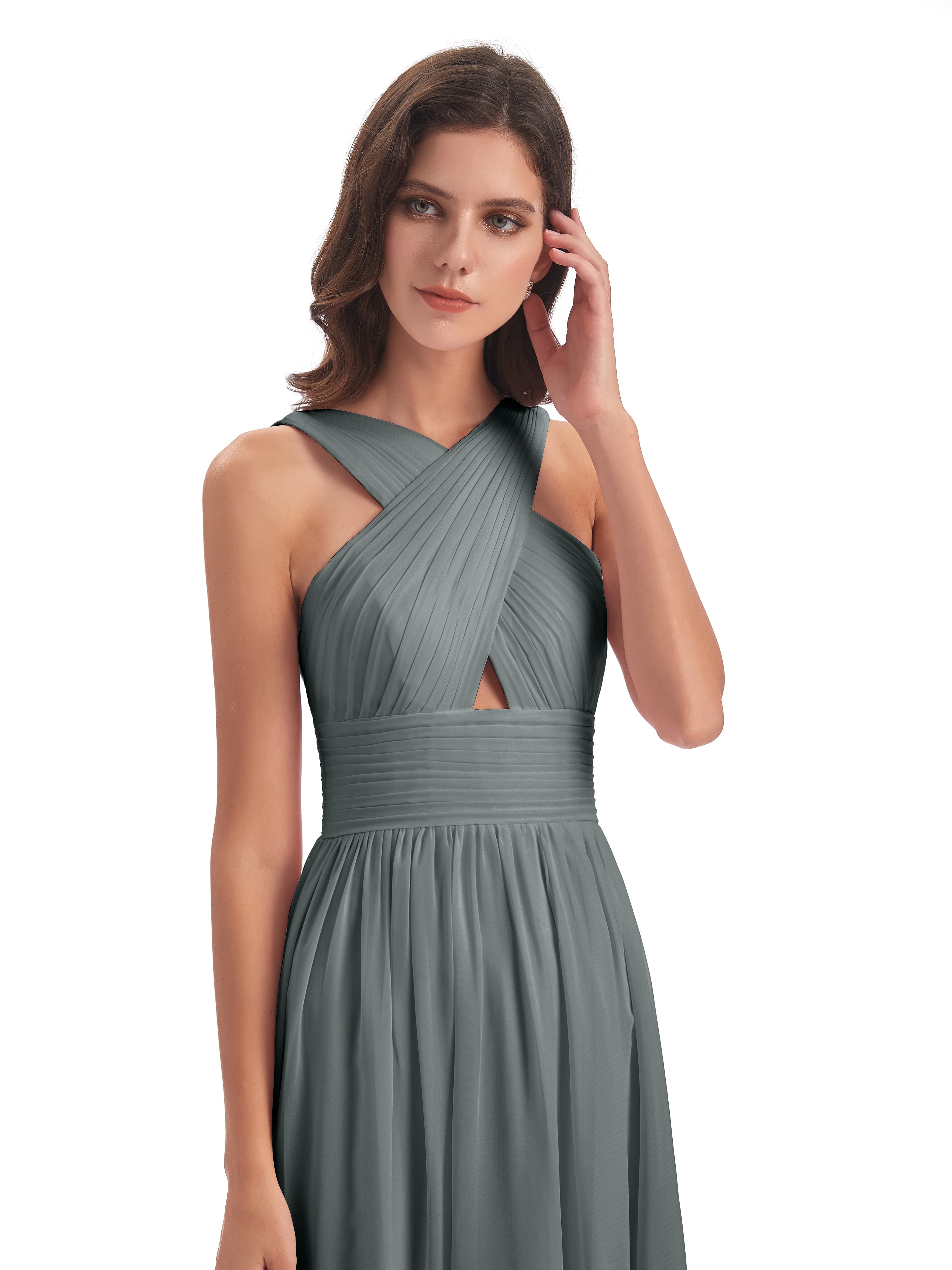 Robe Demoiselle D Honneur Grise Balayage/Pinceau Traîne Bretelle Mousseline Robes Demoiselle D'Honneur