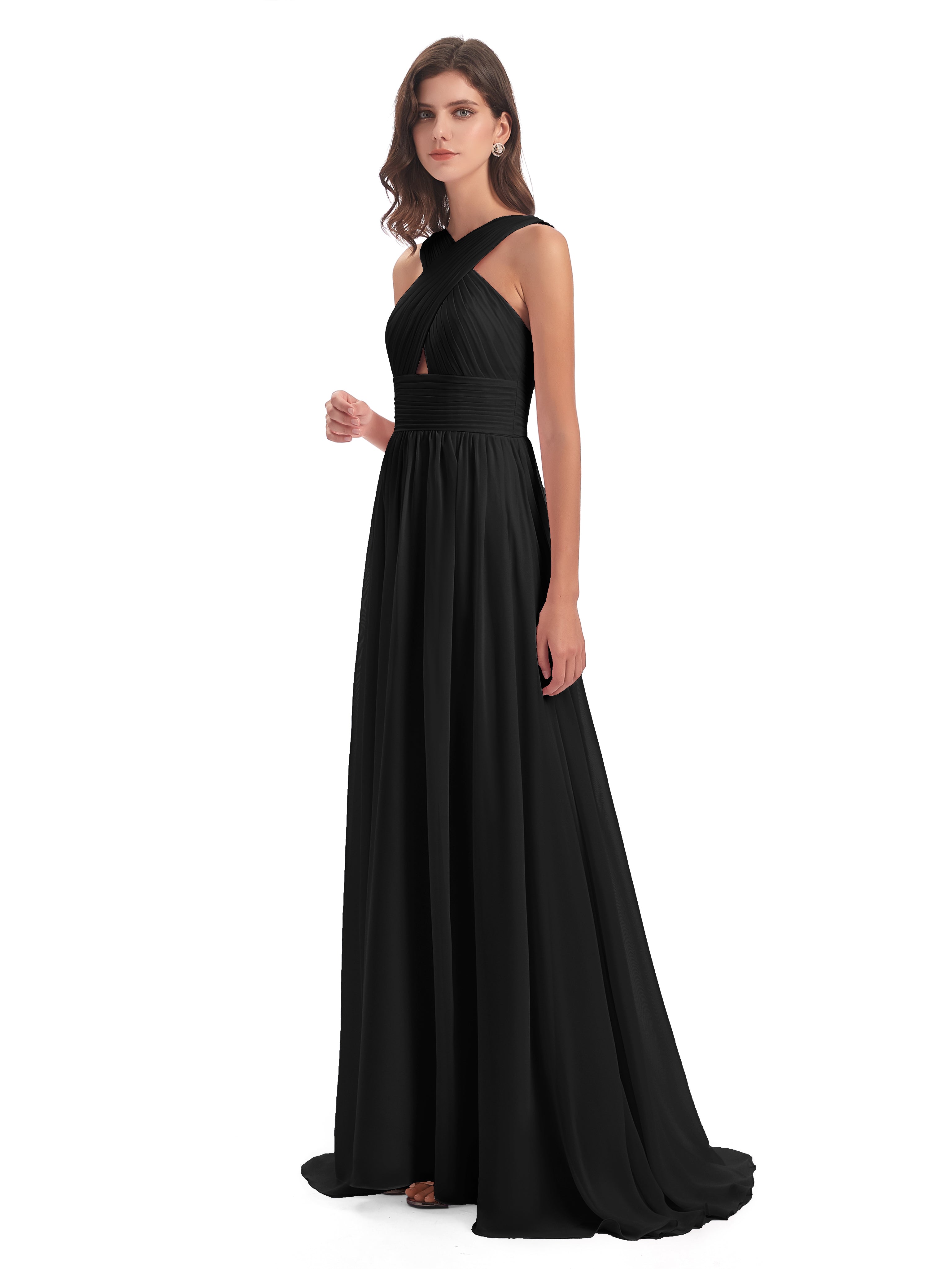 Longues Robes De Demoiselle D'Honneur Noires Balayage/Pinceau Traîne Bretelle Mousseline Robes Demoiselle D'Honneur
