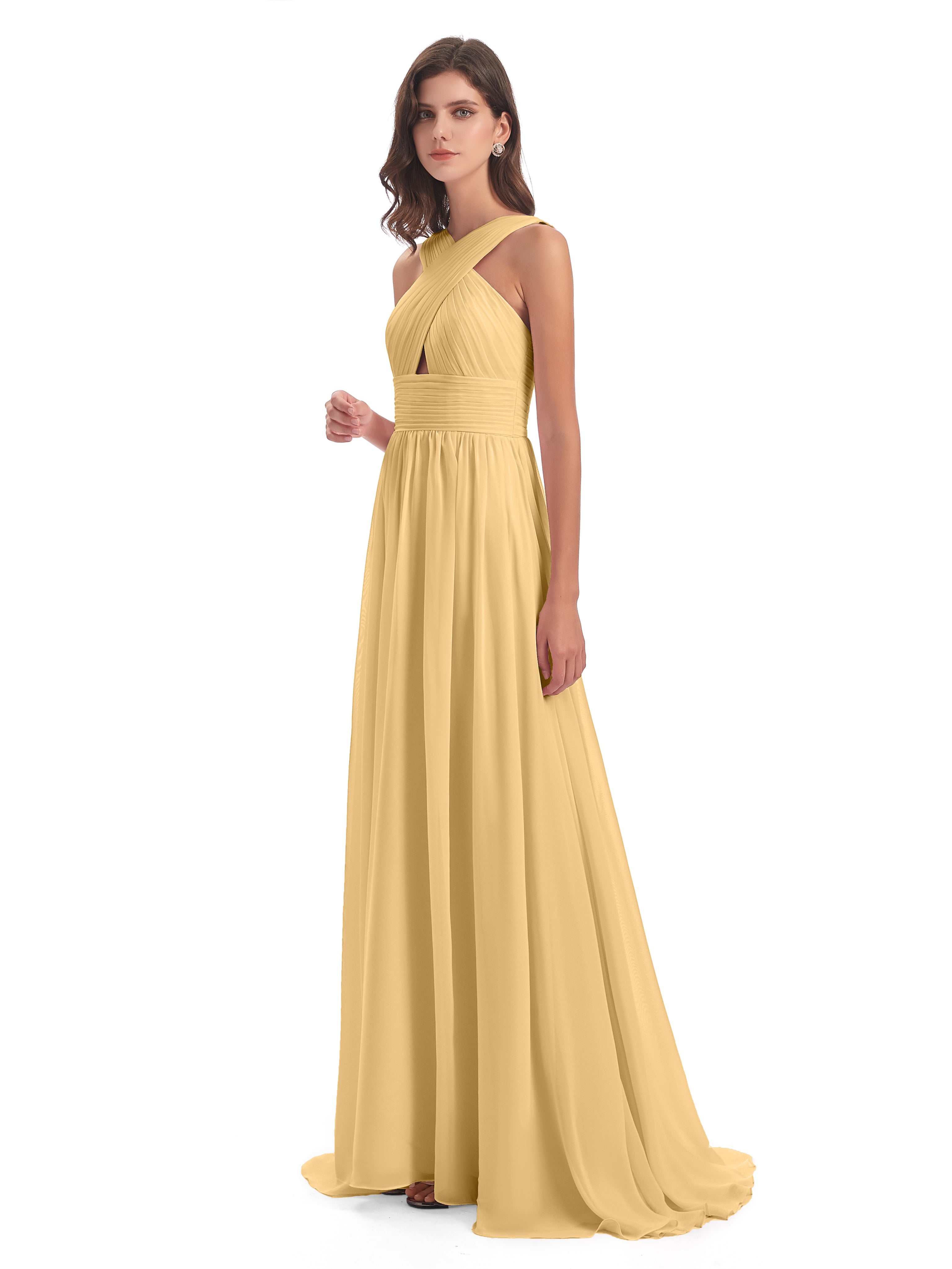 Longues Robes De Demoiselle D'Honneur En Or Balayage/Pinceau Traîne Bretelle Mousseline Robes Demoiselle D'Honneur