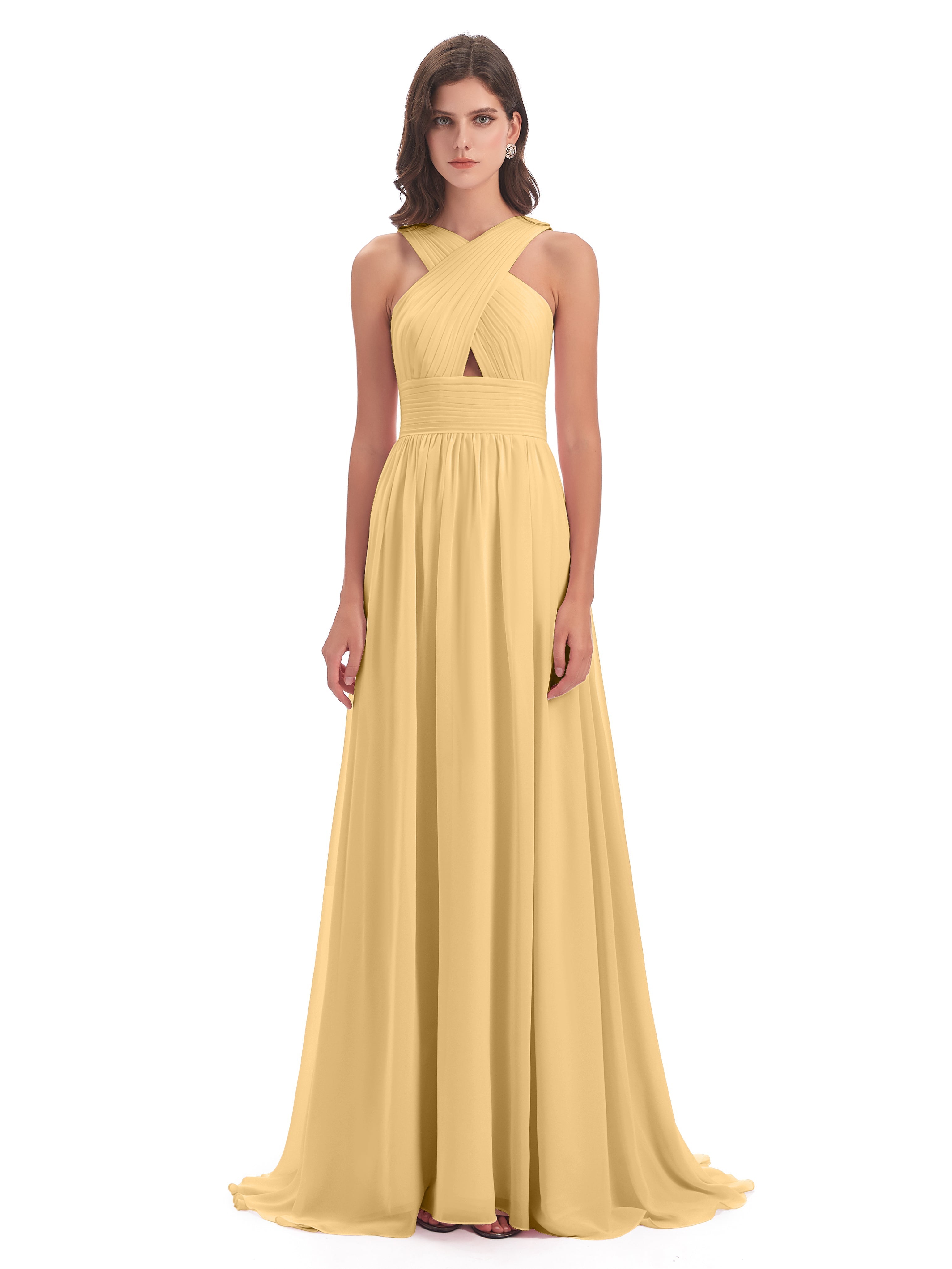 Longues Robes De Demoiselle D'Honneur En Or Balayage/Pinceau Traîne Bretelle Mousseline Robes Demoiselle D'Honneur