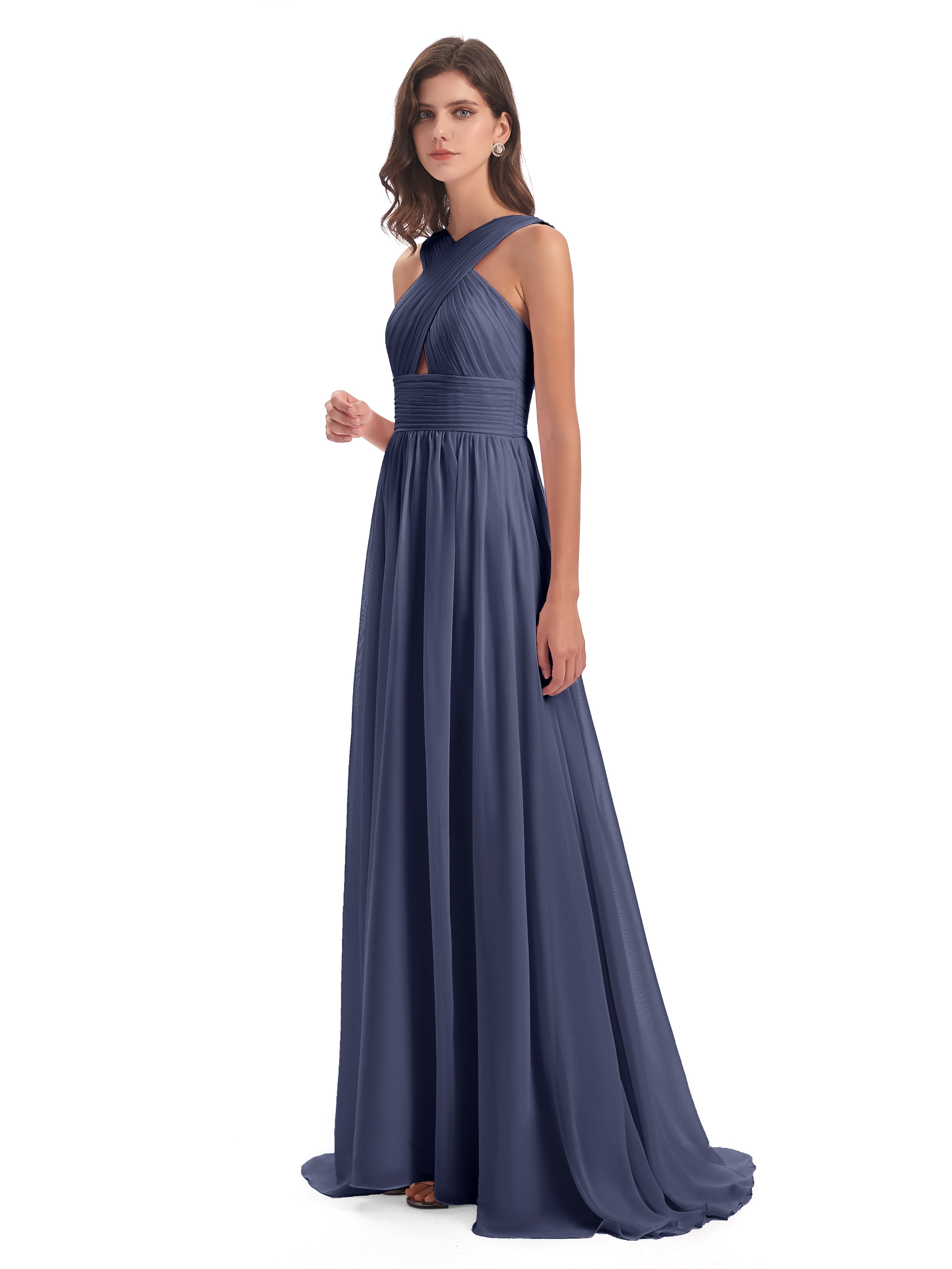 Robes De Demoiselle D'Honneur Bleu Orageux Balayage/Pinceau Traîne Bretelle Mousseline Robes Demoiselle D'Honneur