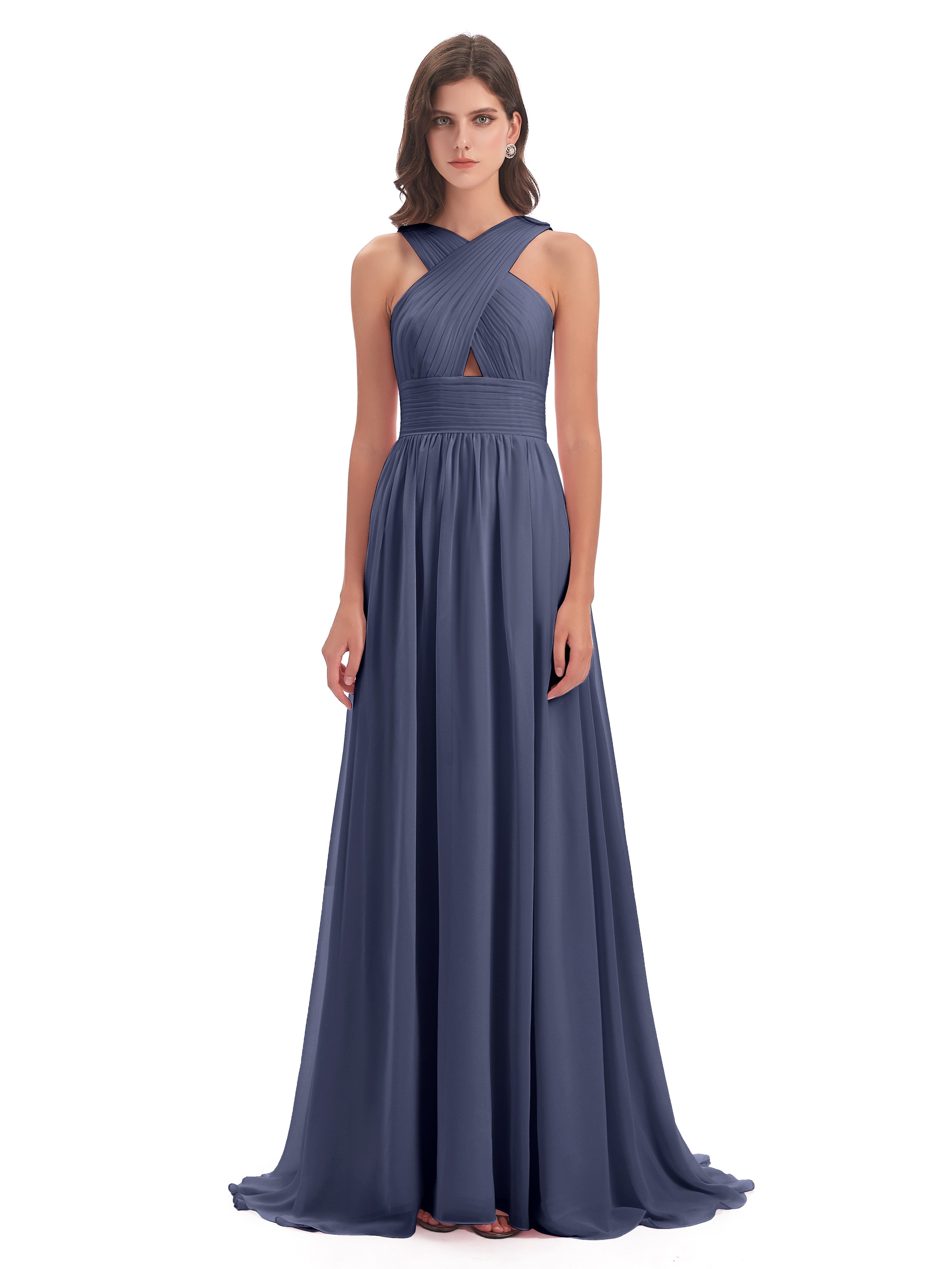 Robes De Demoiselle D'Honneur Bleu Orageux Balayage/Pinceau Traîne Bretelle Mousseline Robes Demoiselle D'Honneur