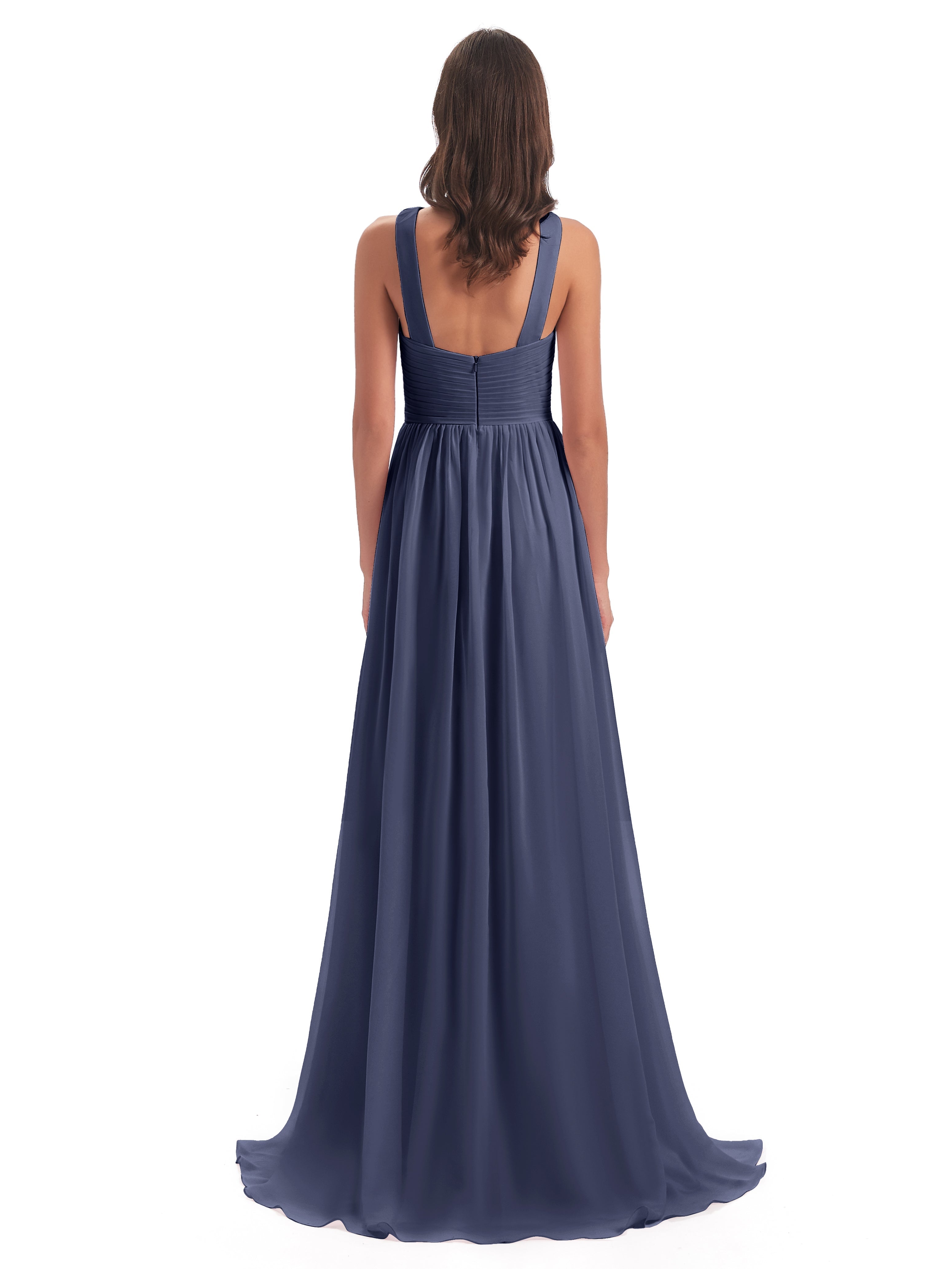Robes De Demoiselle D'Honneur Bleu Orageux Balayage/Pinceau Traîne Bretelle Mousseline Robes Demoiselle D'Honneur