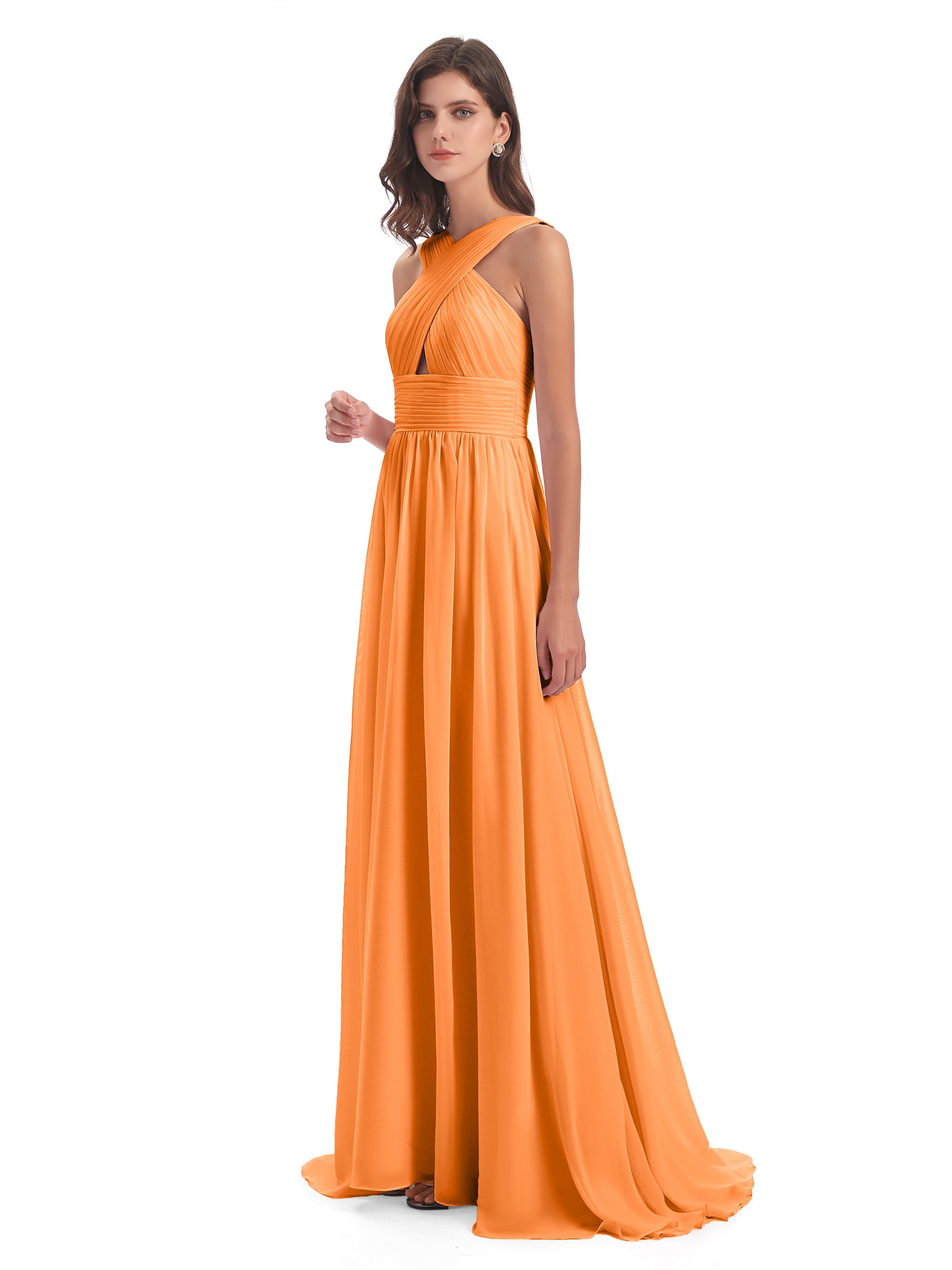 Robes De Demoiselle D'Honneur Orange Balayage/Pinceau Traîne Bretelle Mousseline Robes Demoiselle D'Honneur