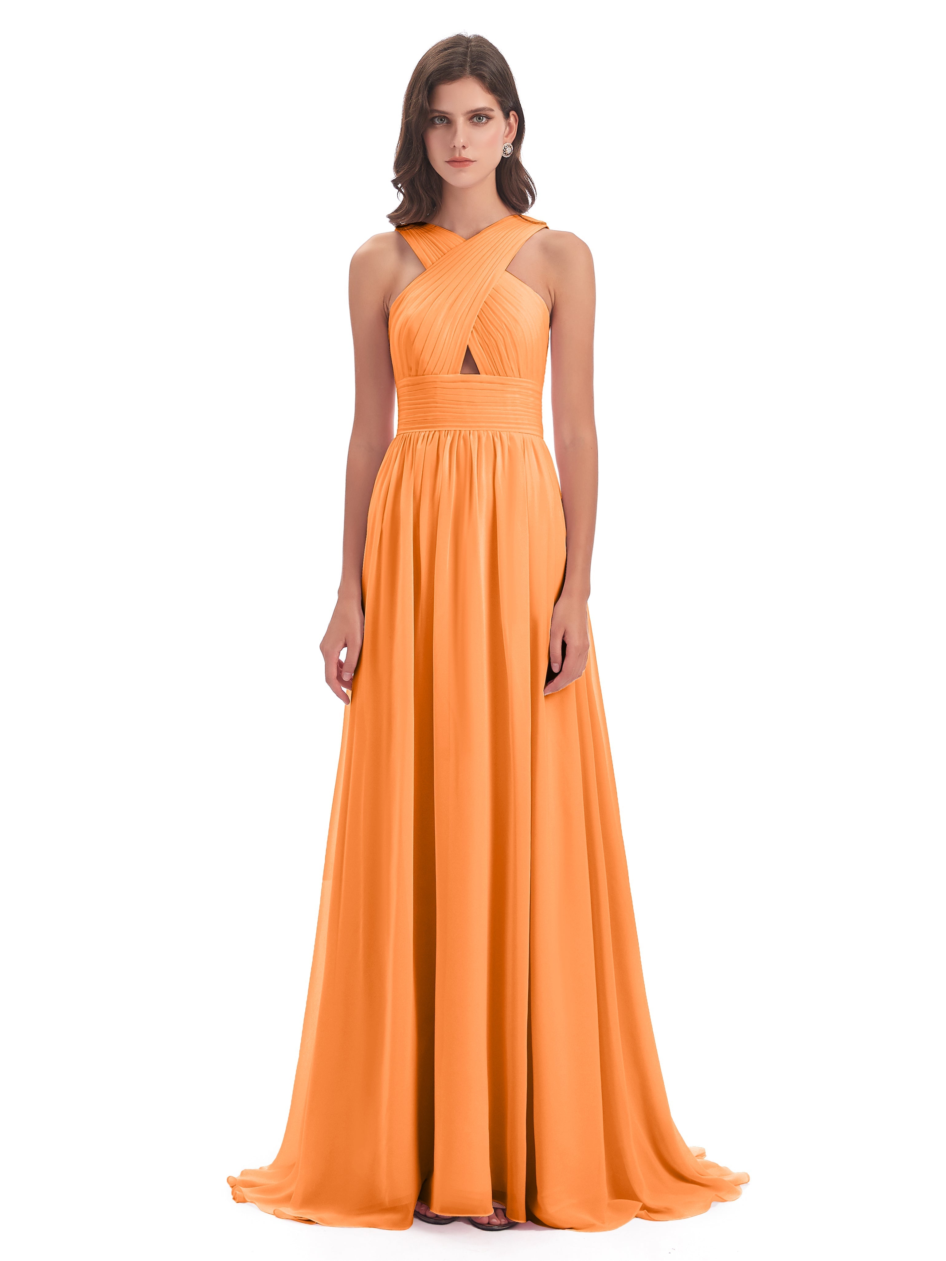Robes De Demoiselle D'Honneur Orange Balayage/Pinceau Traîne Bretelle Mousseline Robes Demoiselle D'Honneur