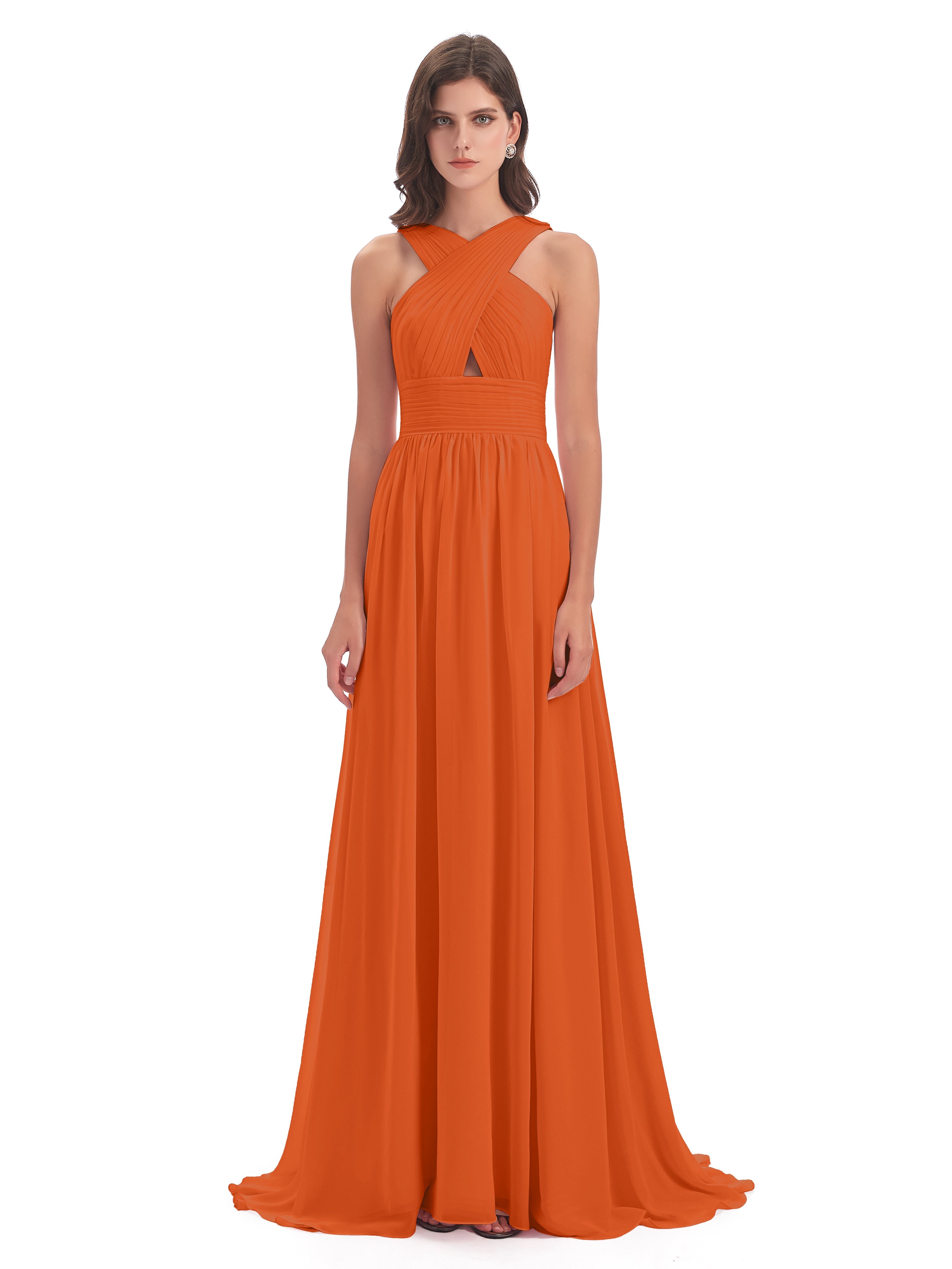 Robes De Demoiselle D'Honneur Orange Brûlé Balayage/Pinceau Traîne Bretelle Mousseline Robes Demoiselle D'Honneur