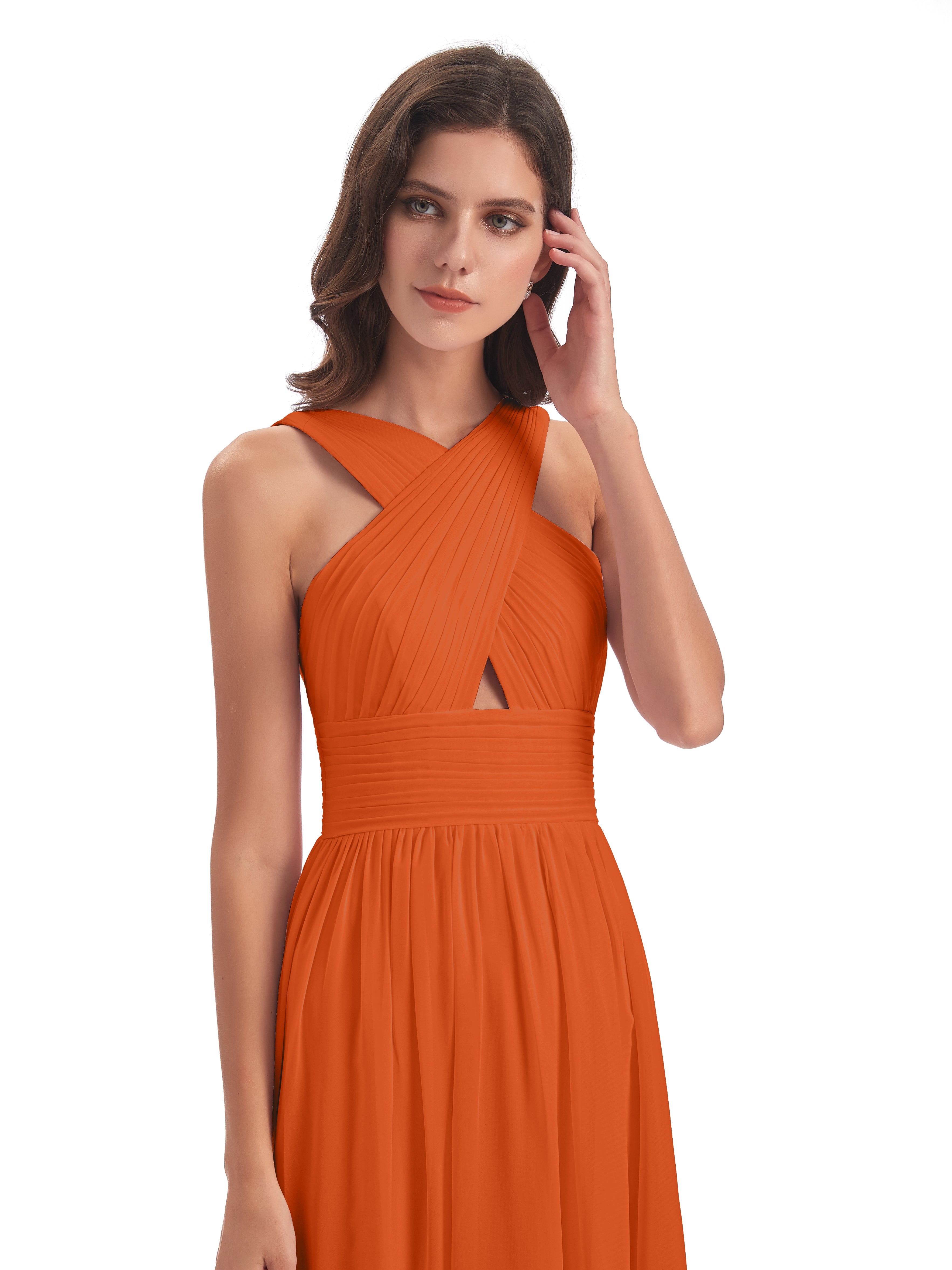 Robes De Demoiselle D'Honneur Orange Brûlé Balayage/Pinceau Traîne Bretelle Mousseline Robes Demoiselle D'Honneur
