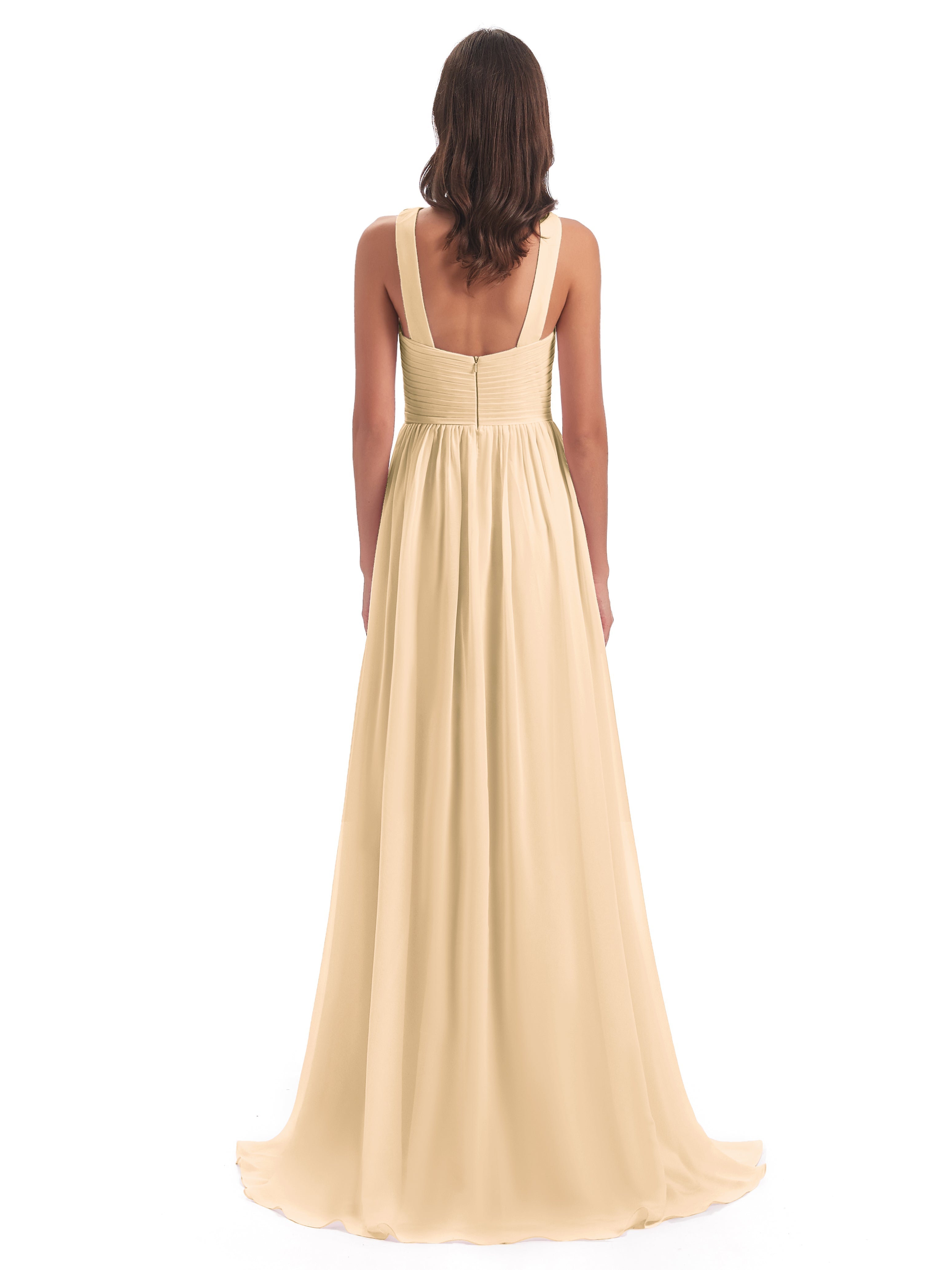Robe Pêche Demoiselle D Honneur Balayage/Pinceau Traîne Bretelle Mousseline Robes Demoiselle D'Honneur