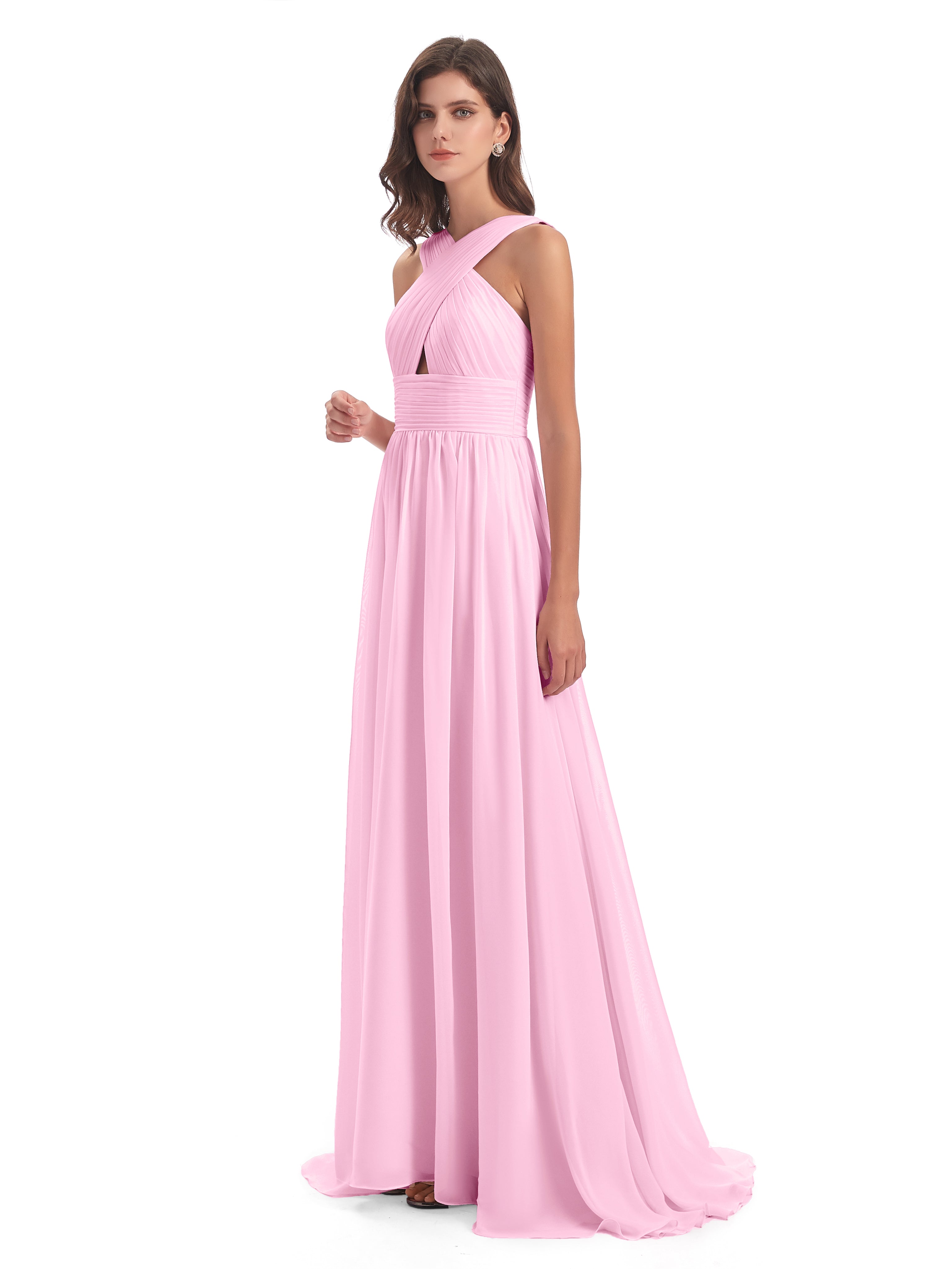 Robe Demoiselle D Honneur Rose Bonbon Balayage/Pinceau Traîne Bretelle Mousseline Robes Demoiselle D'Honneur