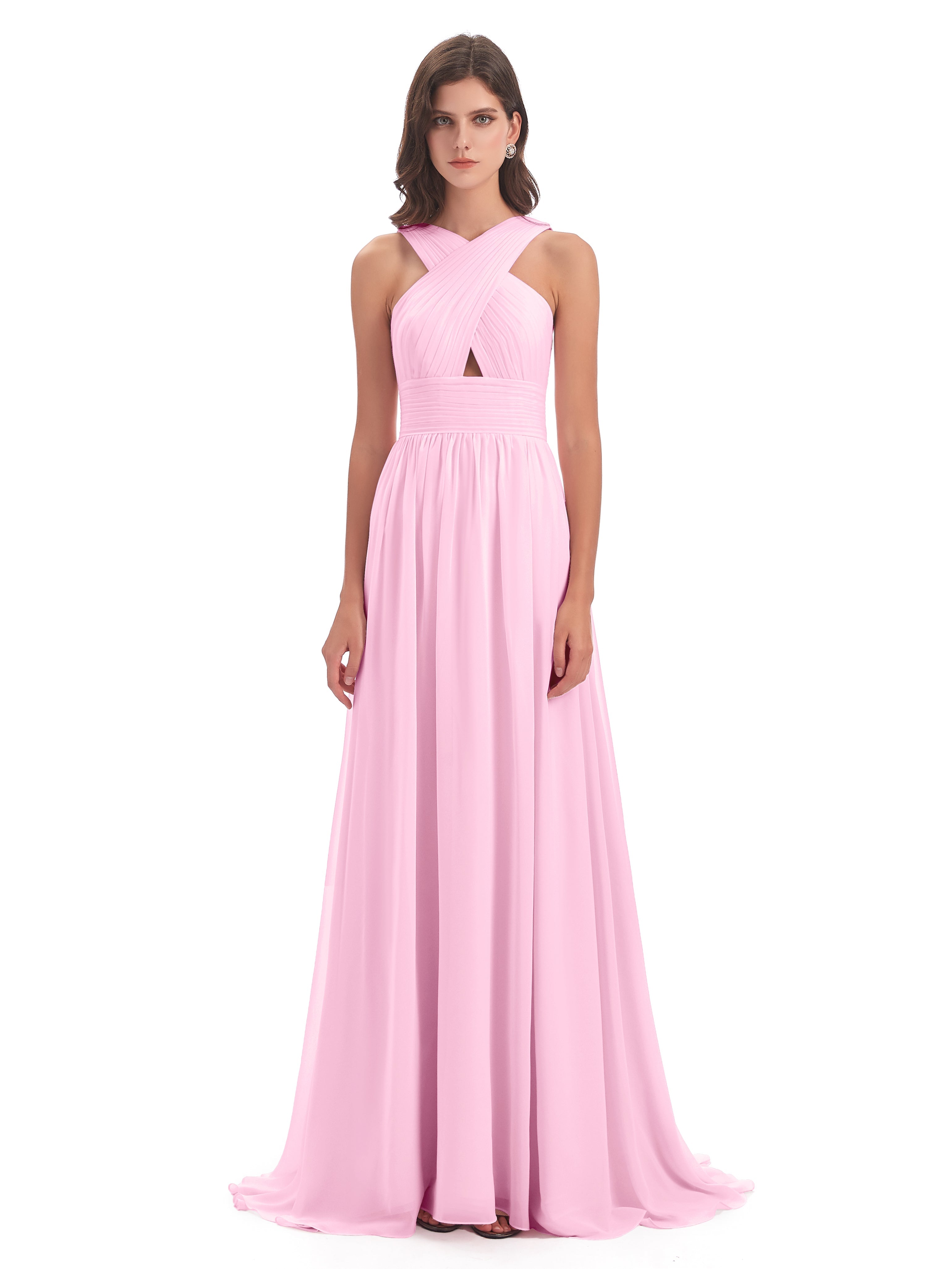 Robe Demoiselle D Honneur Rose Bonbon Balayage/Pinceau Traîne Bretelle Mousseline Robes Demoiselle D'Honneur
