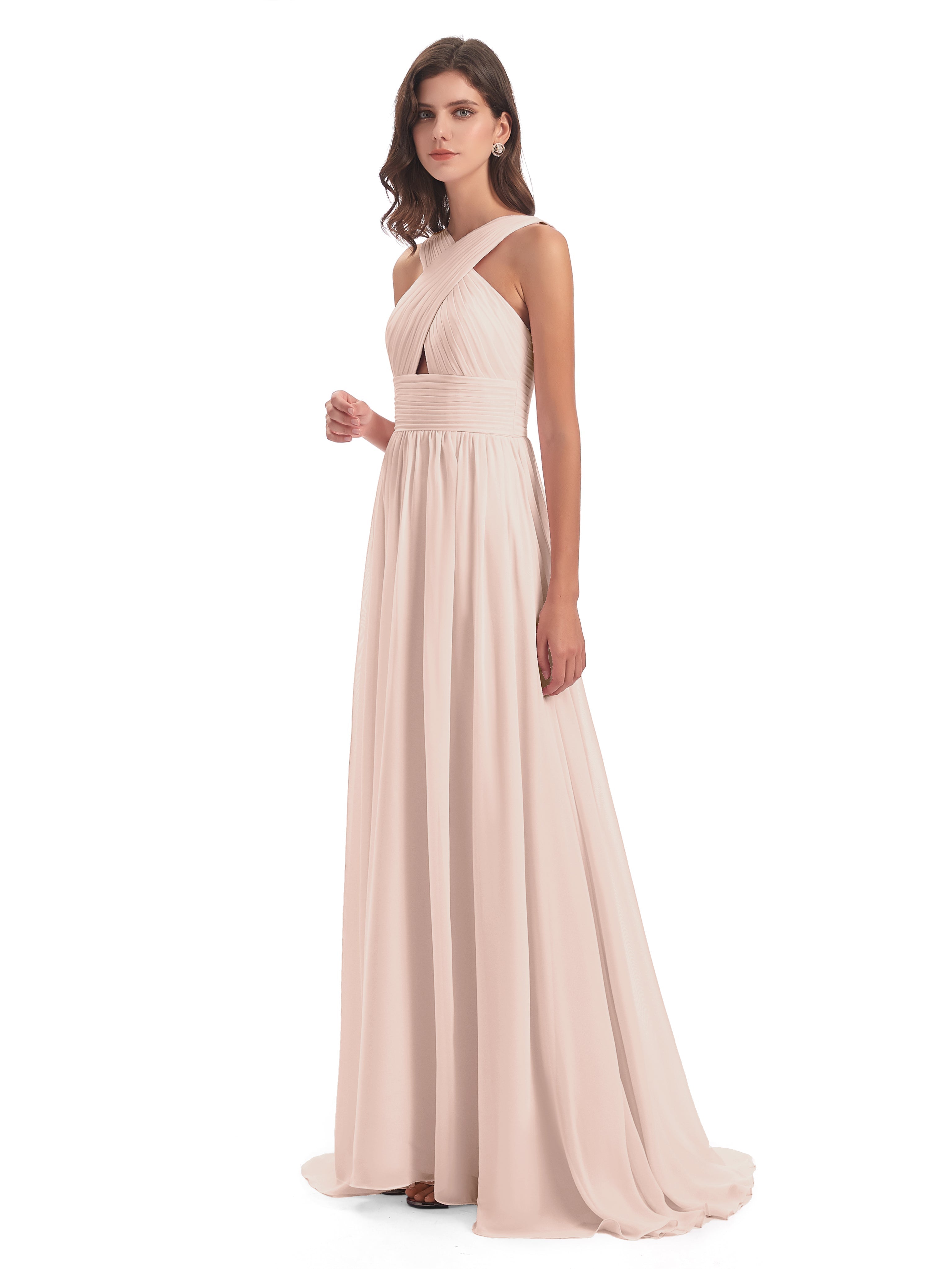 Robe Demoiselle D Honneur Rose Perle Balayage/Pinceau Traîne Bretelle Mousseline Robes Demoiselle D'Honneur