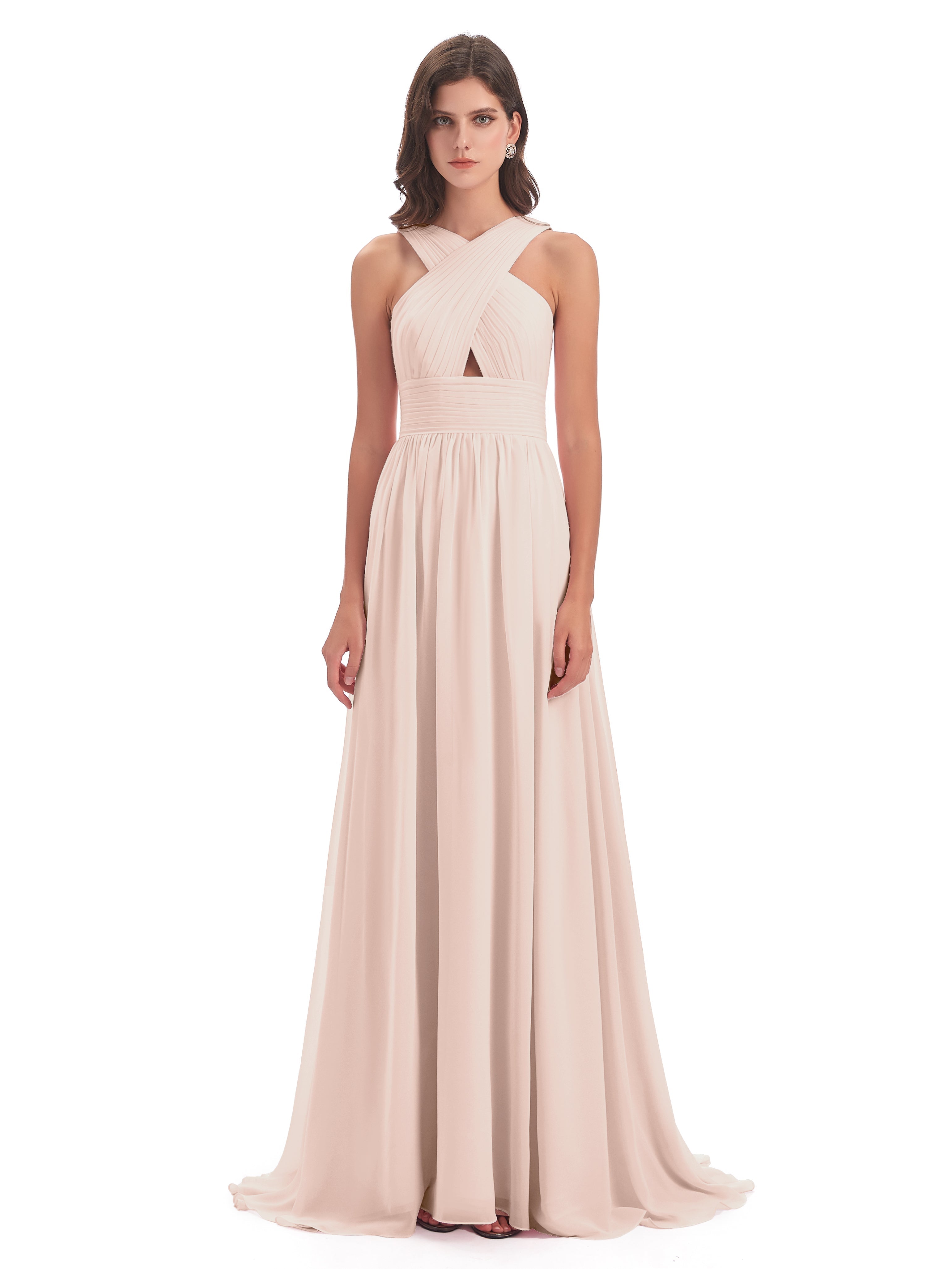 Robe Demoiselle D Honneur Rose Perle Balayage/Pinceau Traîne Bretelle Mousseline Robes Demoiselle D'Honneur