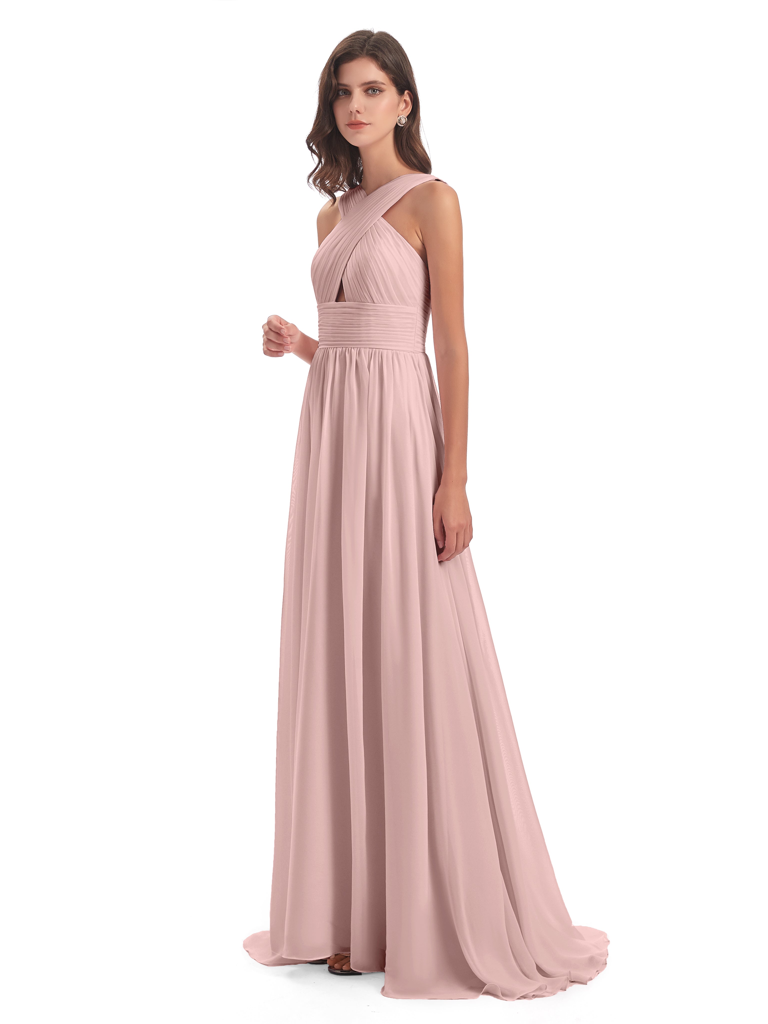 Robes De Demoiselle D'Honneur Rose Poudrée Bon Marché Balayage/Pinceau Traîne Bretelle Mousseline Robes Demoiselle D'Honneur
