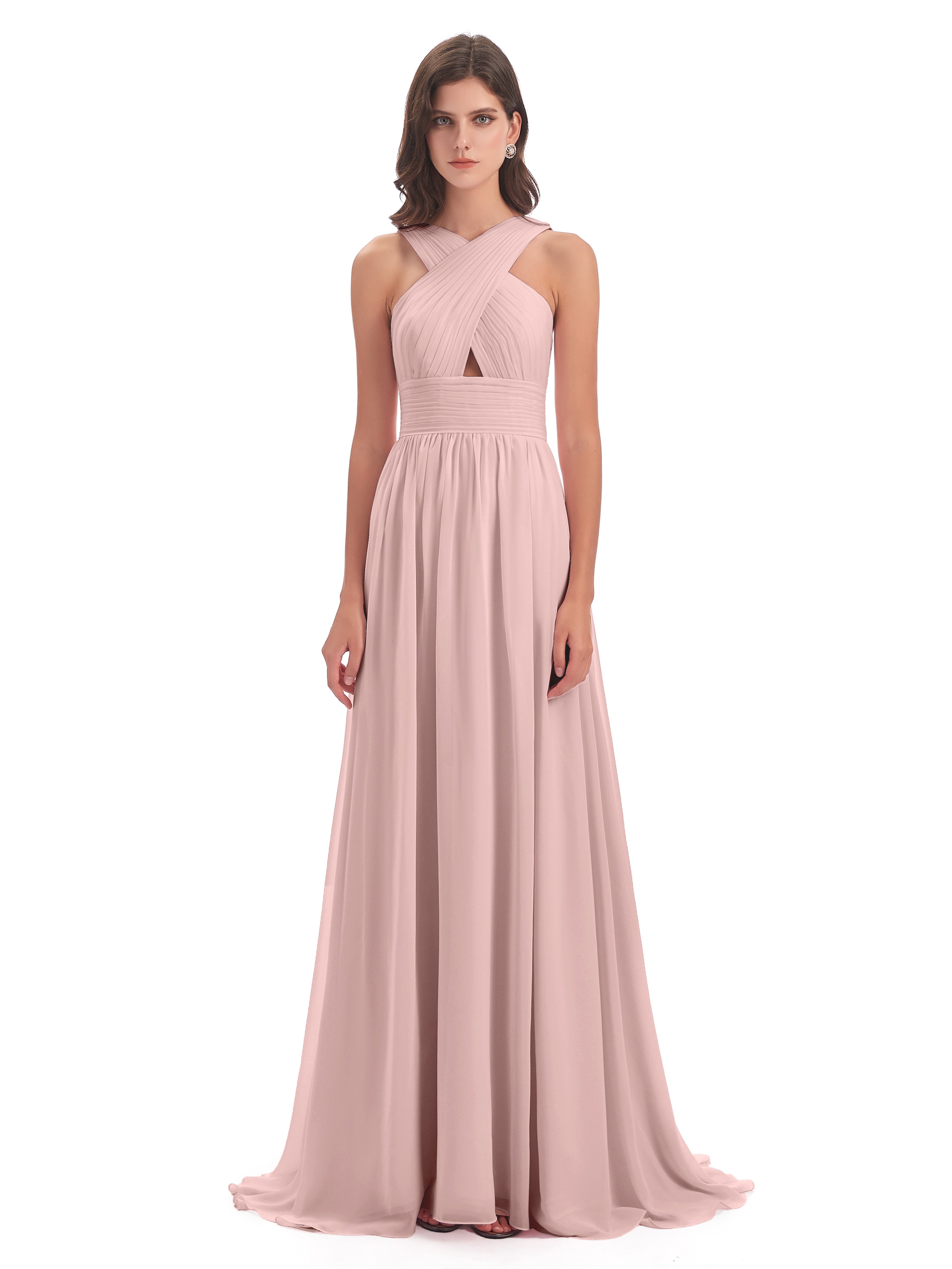 Robes De Demoiselle D'Honneur Rose Poudrée Bon Marché Balayage/Pinceau Traîne Bretelle Mousseline Robes Demoiselle D'Honneur