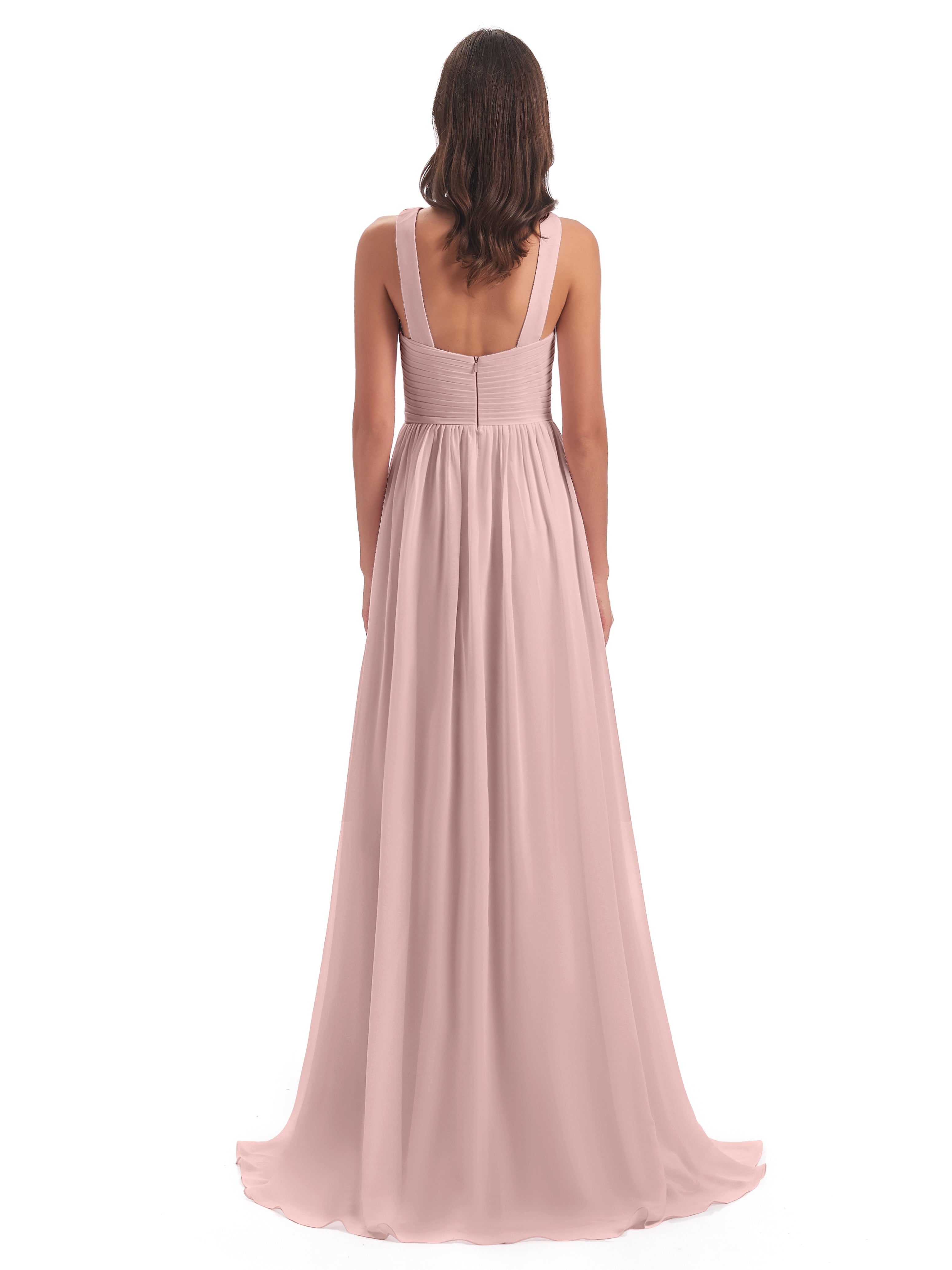 Robes De Demoiselle D'Honneur Rose Poudrée Bon Marché Balayage/Pinceau Traîne Bretelle Mousseline Robes Demoiselle D'Honneur