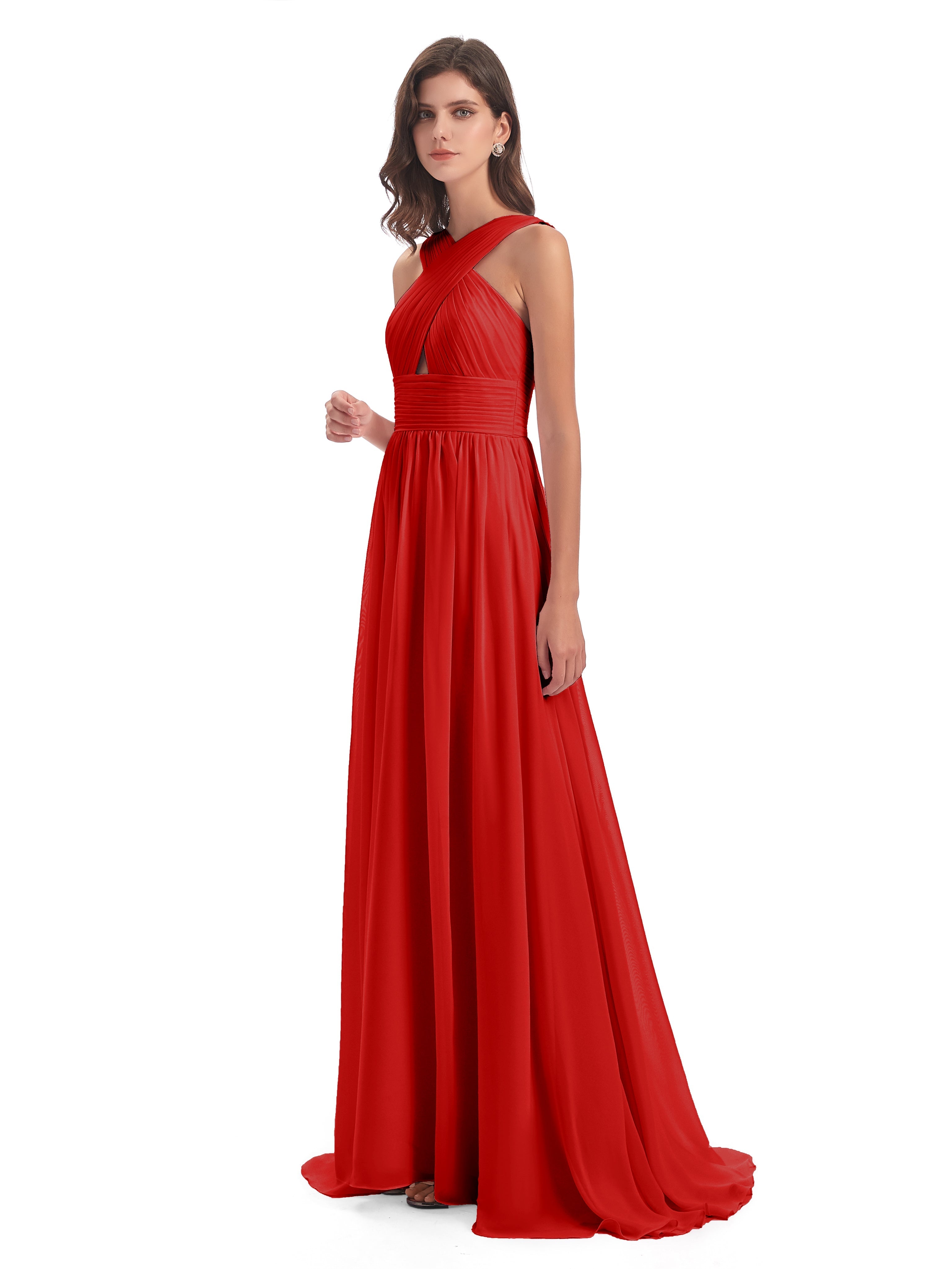 Robe Rouge Demoiselle D Honneur Balayage/Pinceau Traîne Bretelle Mousseline Robes Demoiselle D'Honneur