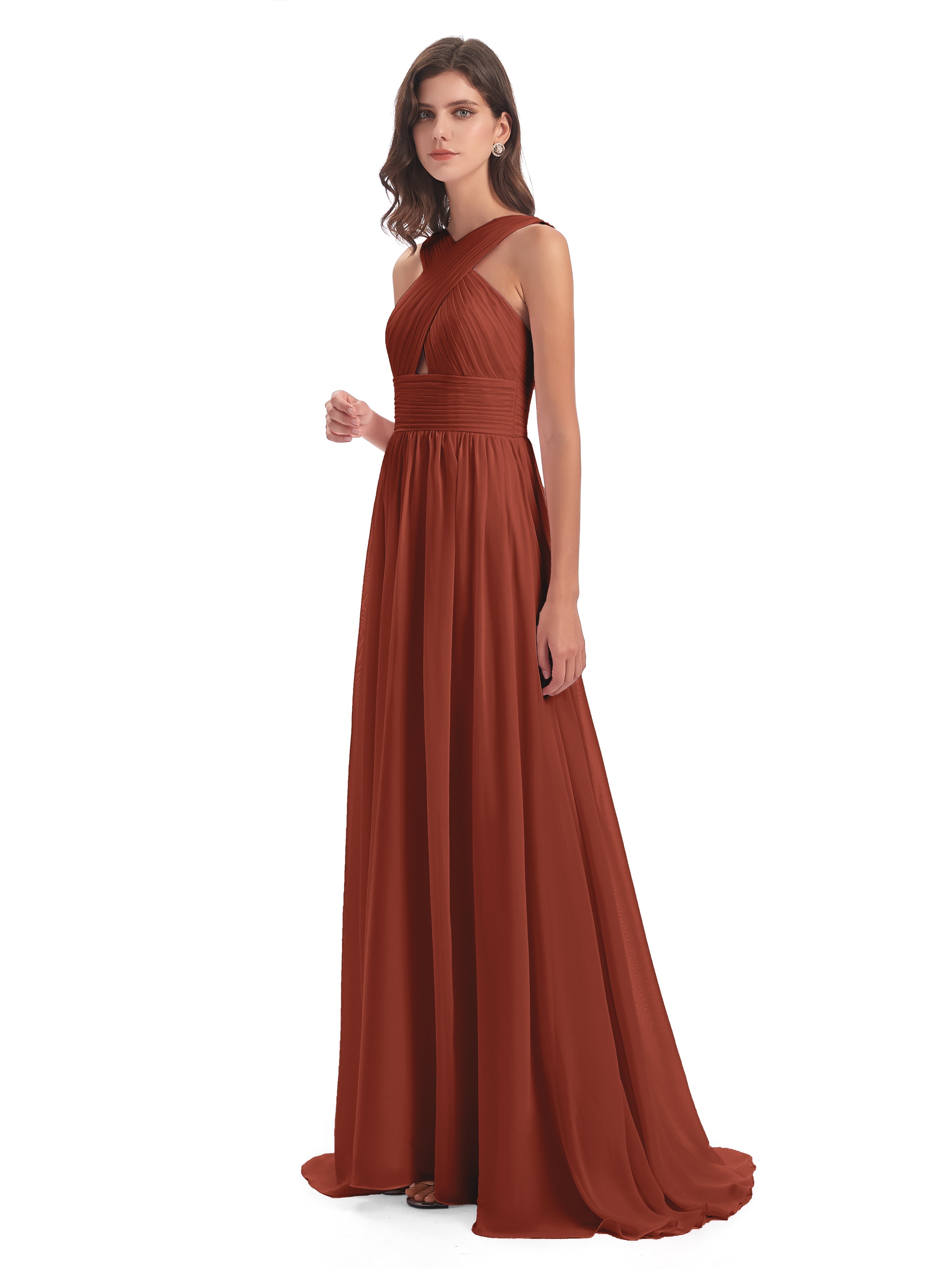 Robes De Demoiselle D'Honneur Couleur Rouille Balayage/Pinceau Traîne Bretelle Mousseline Robes Demoiselle D'Honneur