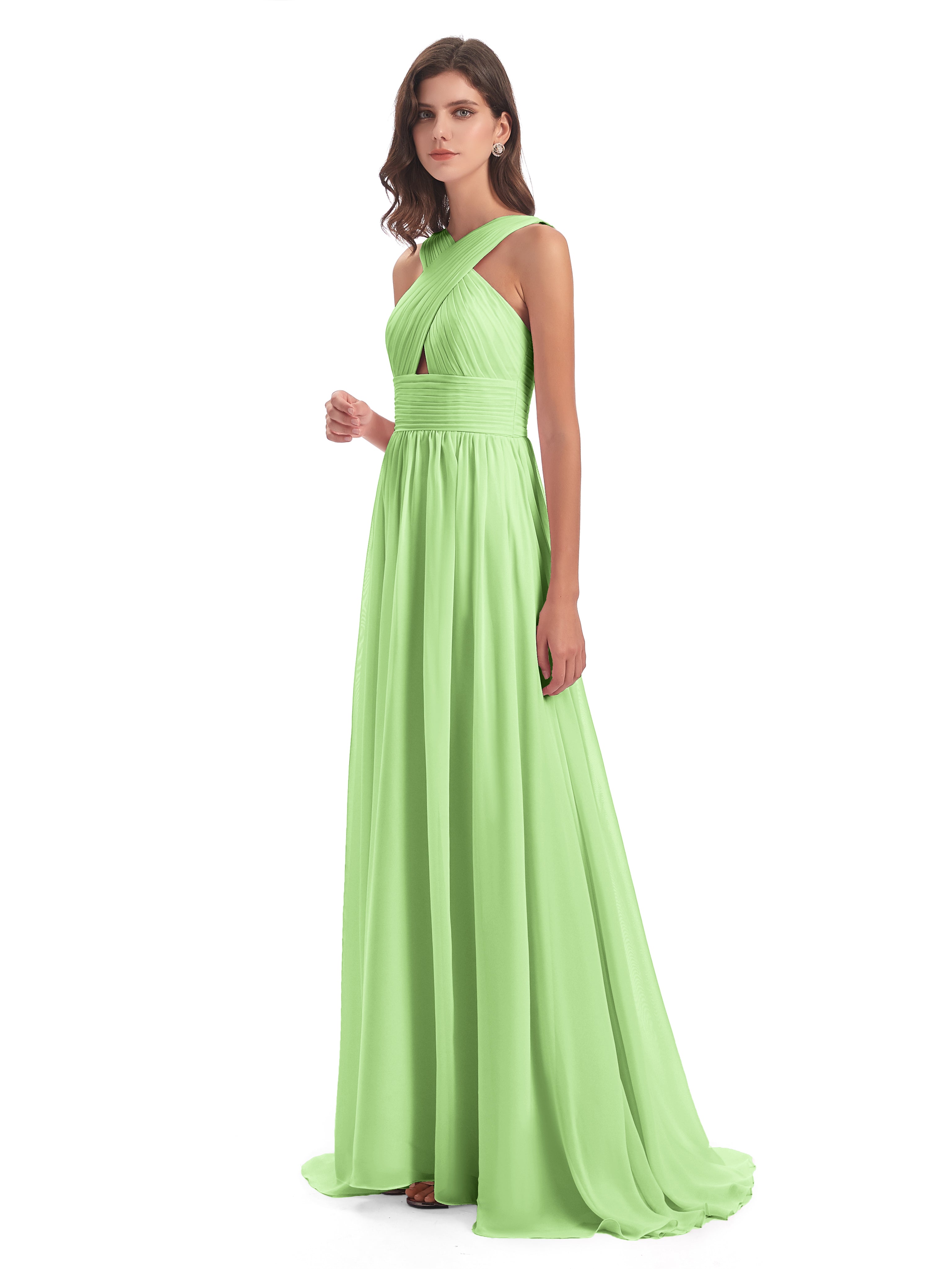 Demoiselle D'Honneur Vert Sauge Balayage/Pinceau Traîne Bretelle Mousseline Robes Demoiselle D'Honneur