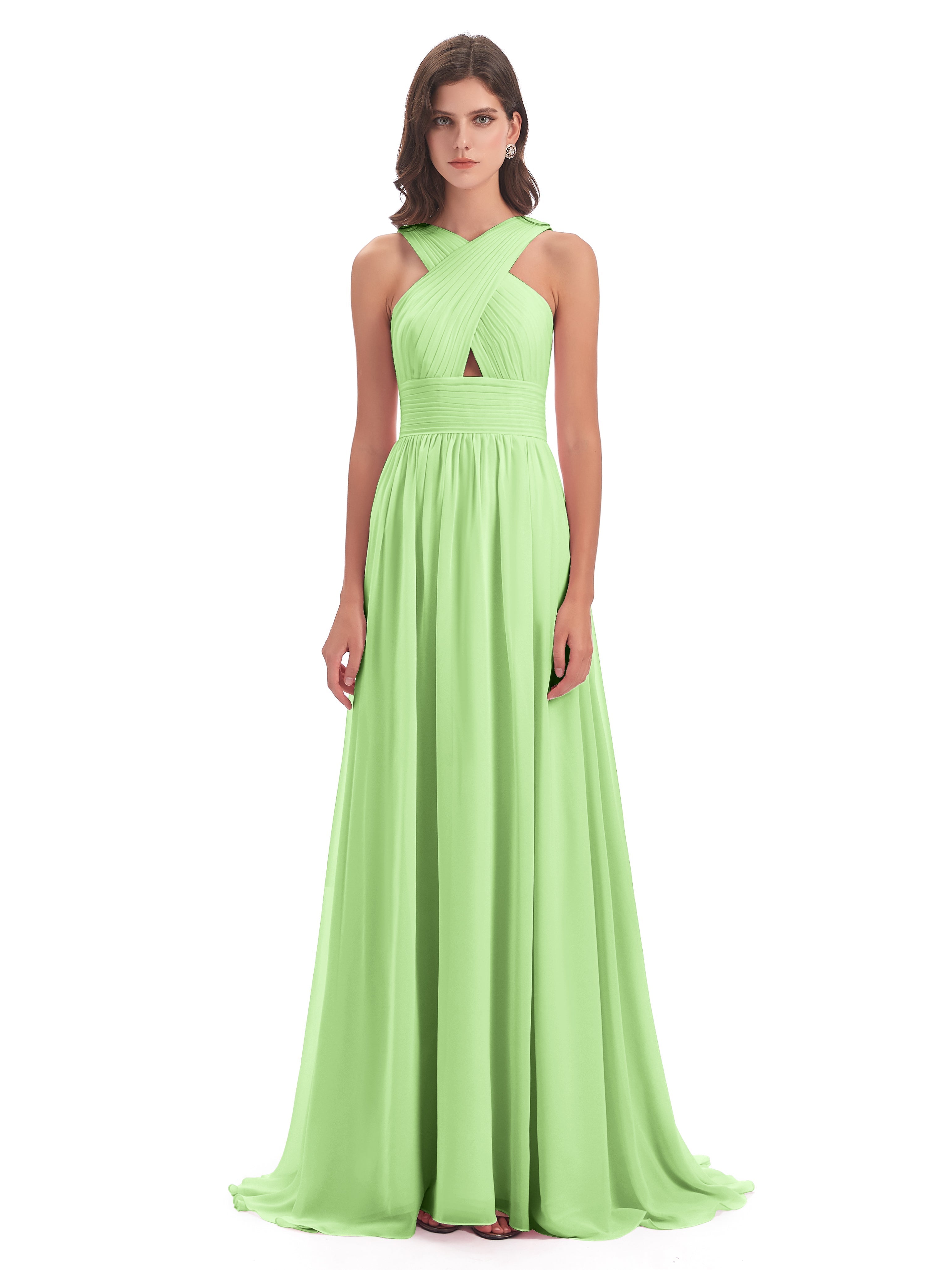 Demoiselle D'Honneur Vert Sauge Balayage/Pinceau Traîne Bretelle Mousseline Robes Demoiselle D'Honneur