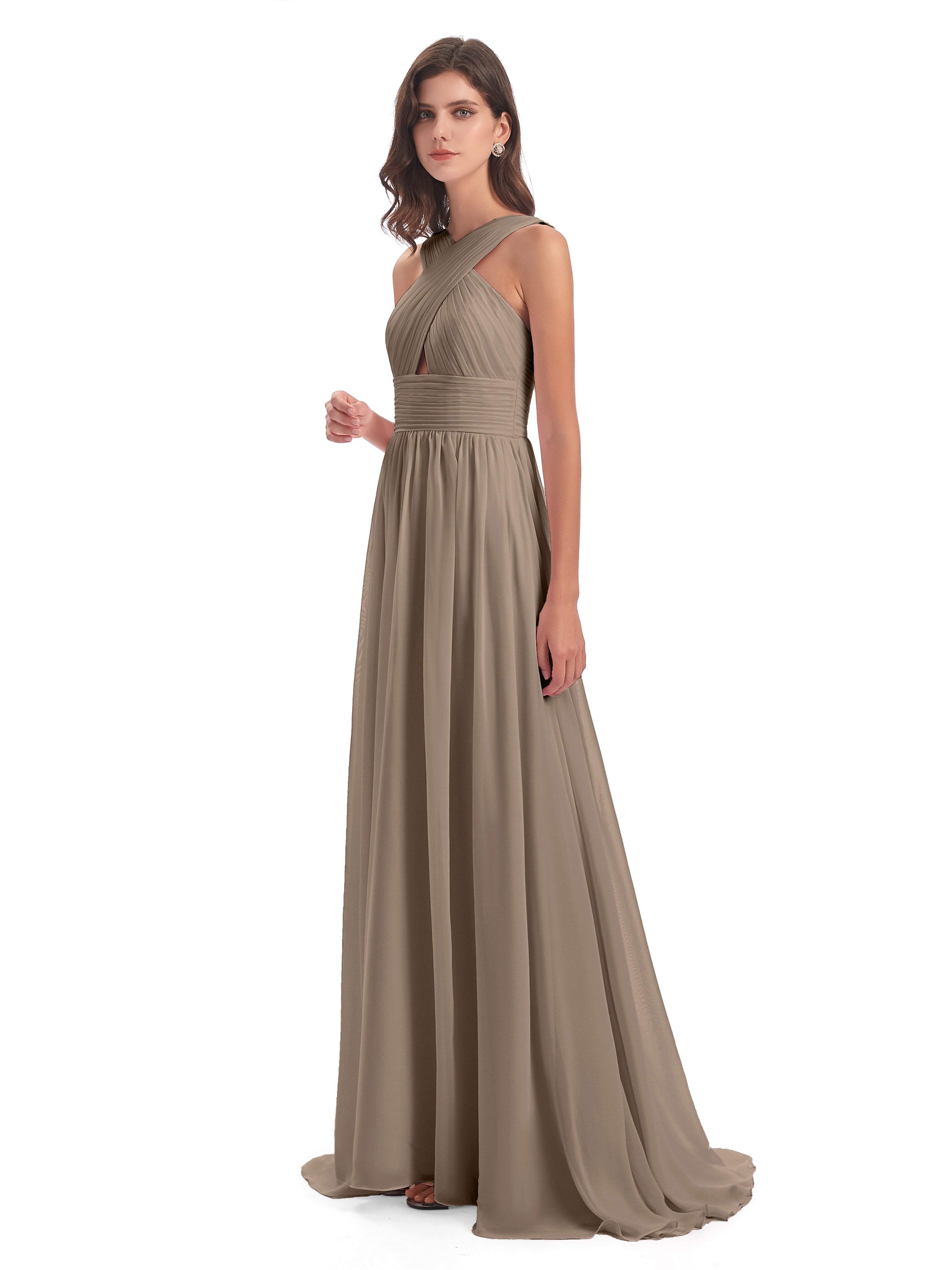 Couleur Taupe Robe Balayage/Pinceau Traîne Bretelle Mousseline Robes Demoiselle D'Honneur