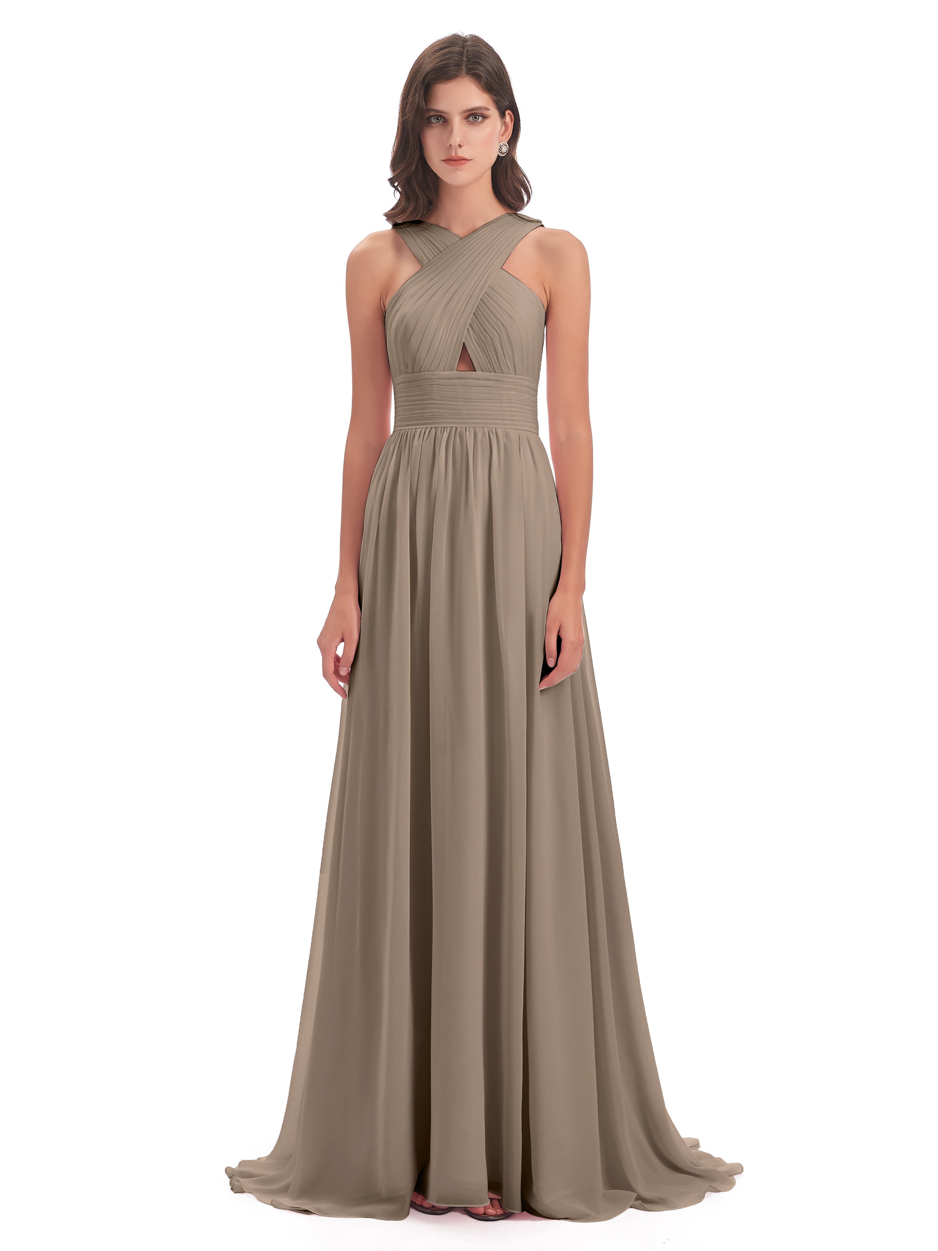 Couleur Taupe Robe Balayage/Pinceau Traîne Bretelle Mousseline Robes Demoiselle D'Honneur